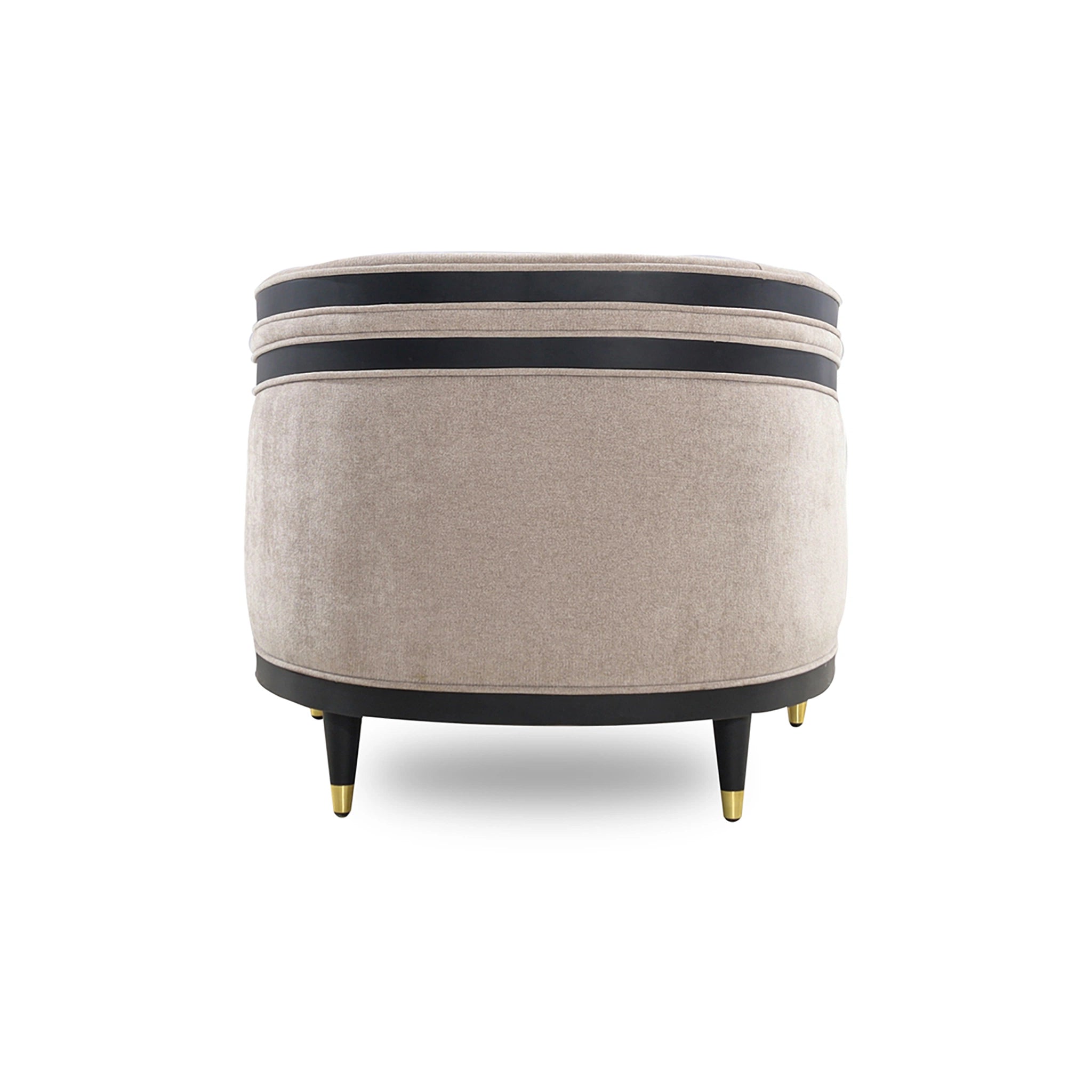 Round ottoman with beige fabric and black band on a white background