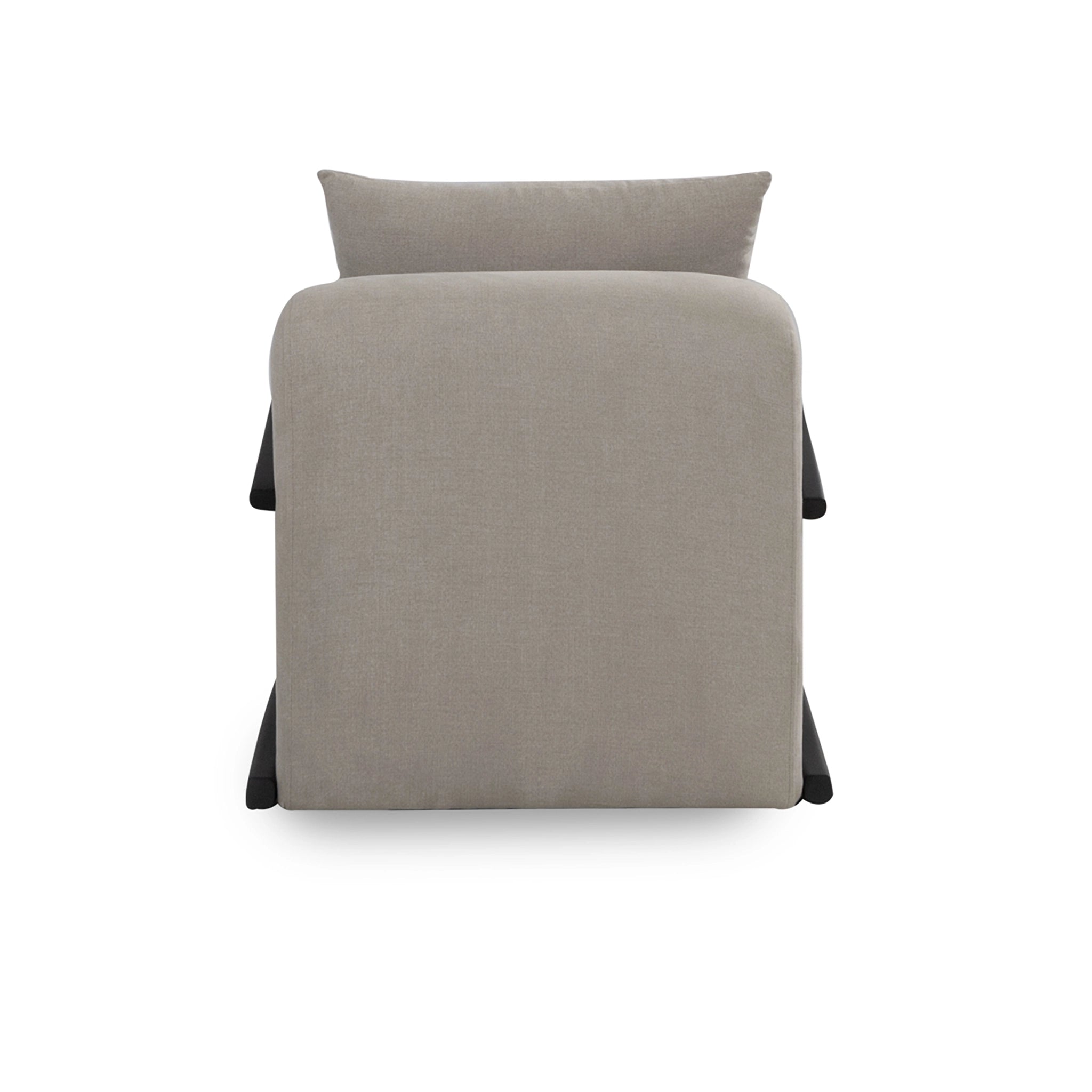 Gray upholstered chair with a pillow on a white background