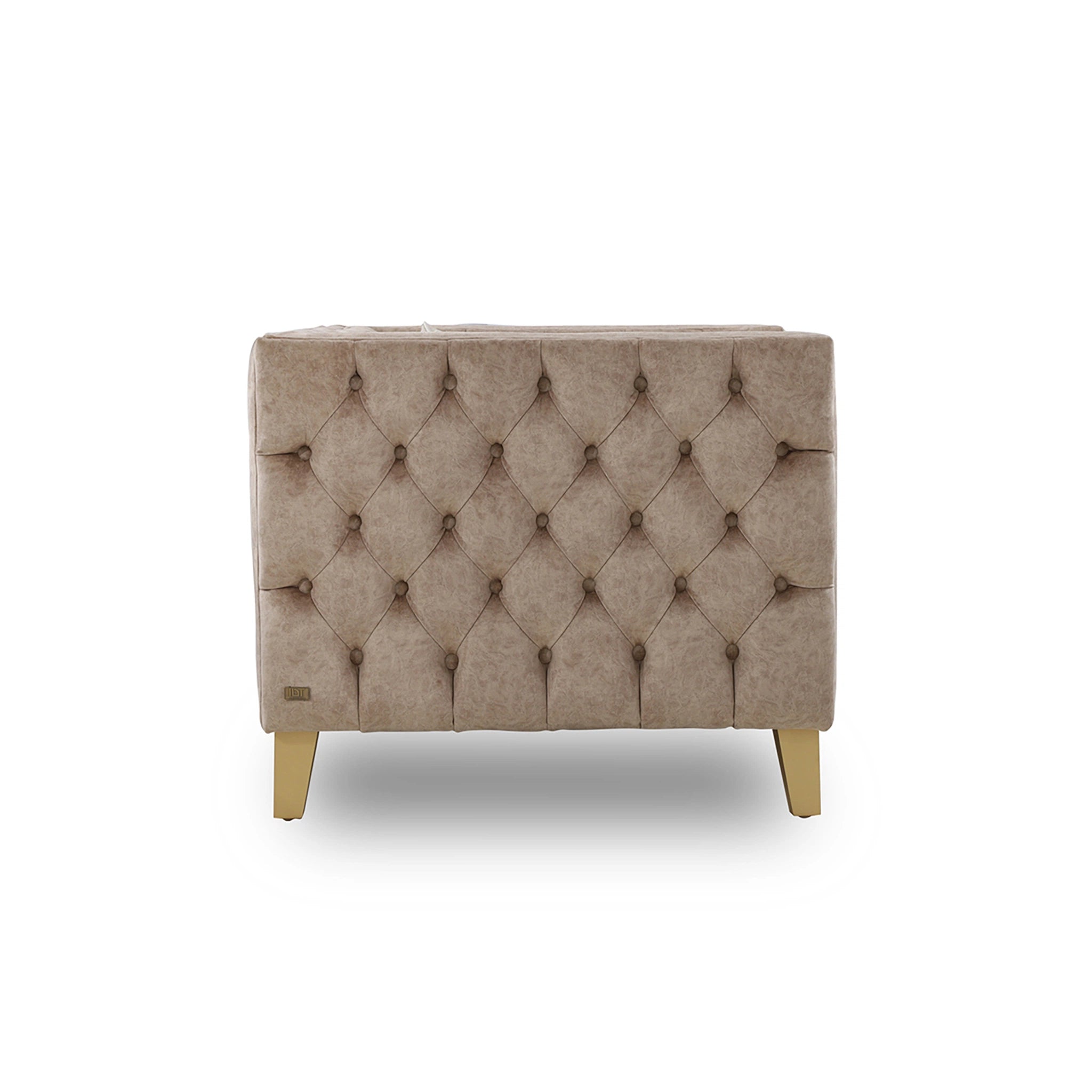 Beige tufted ottoman on a white background