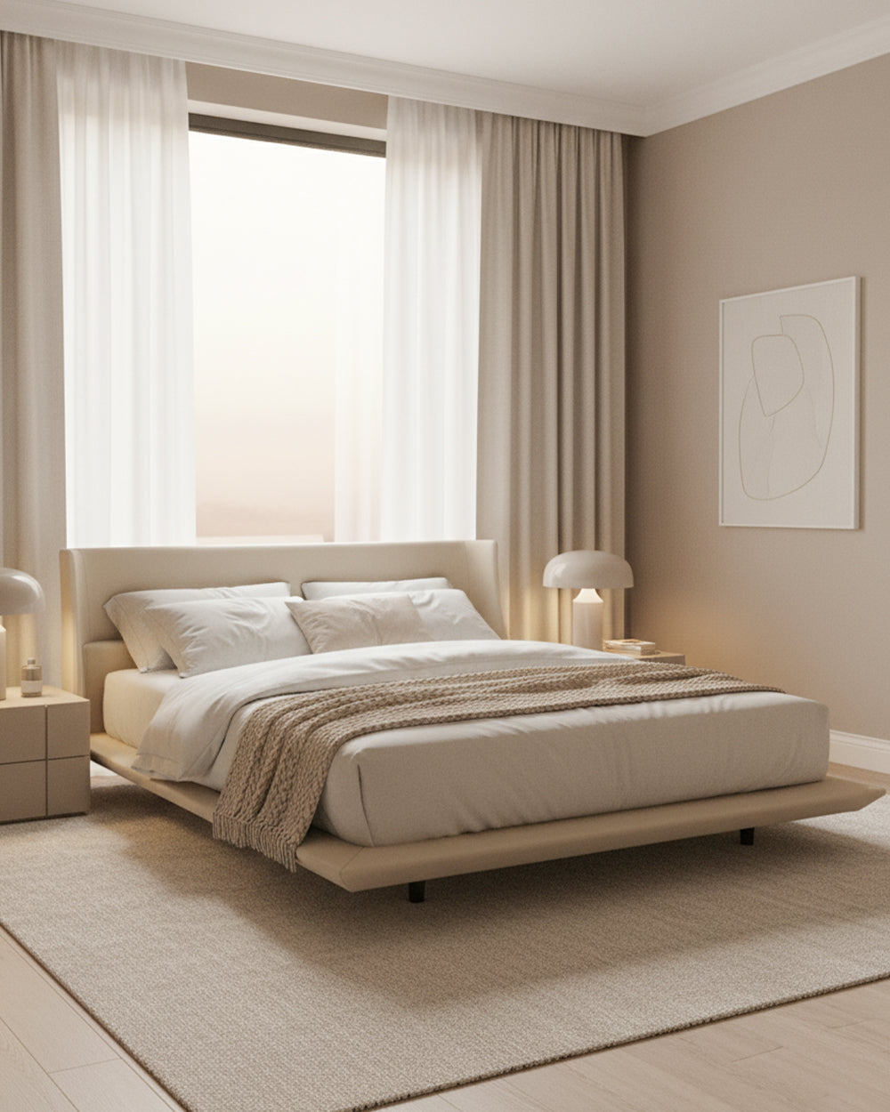 Modern bedroom with a beige bed and neutral decor