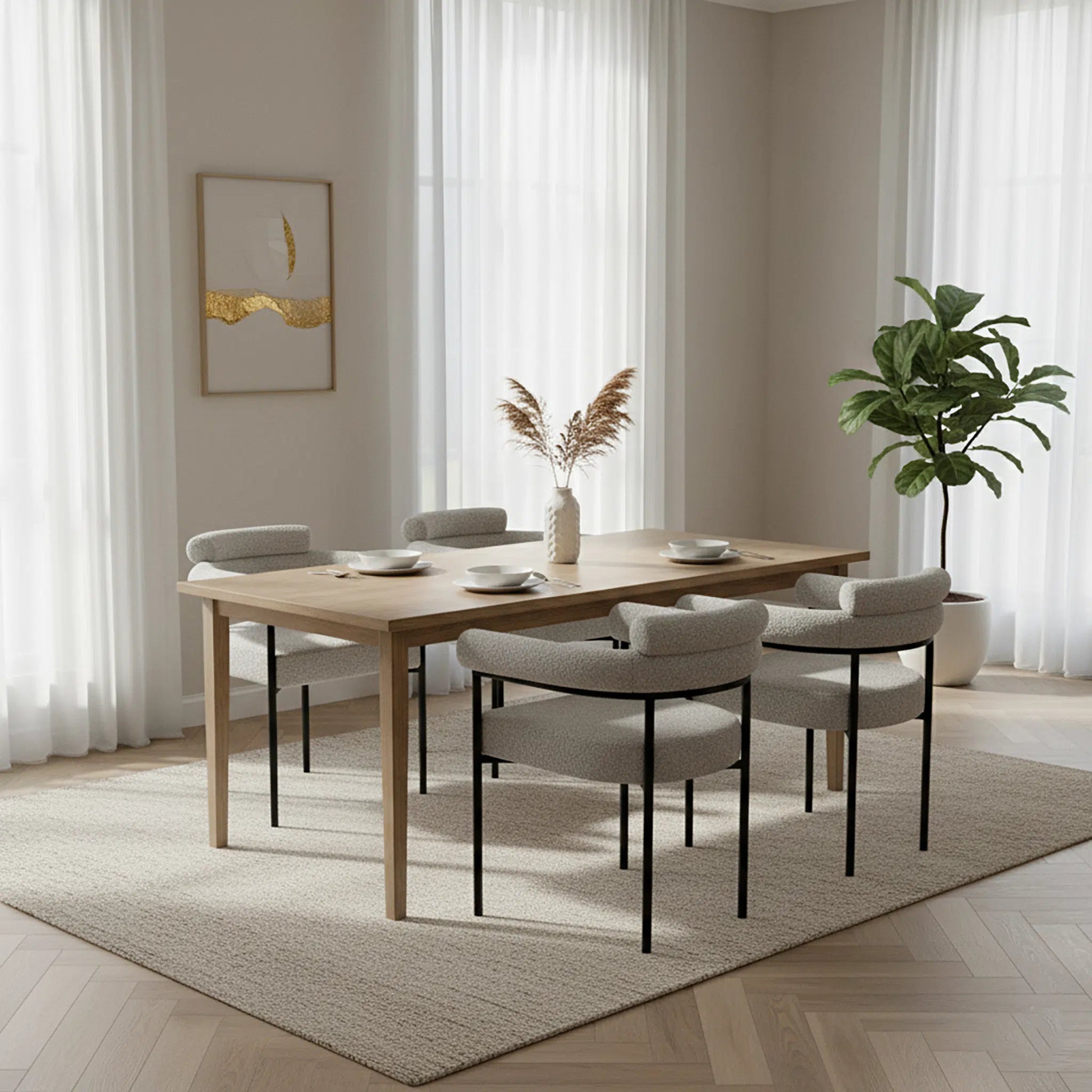 Dining room with wooden table and chairs in a bright room with large windows.