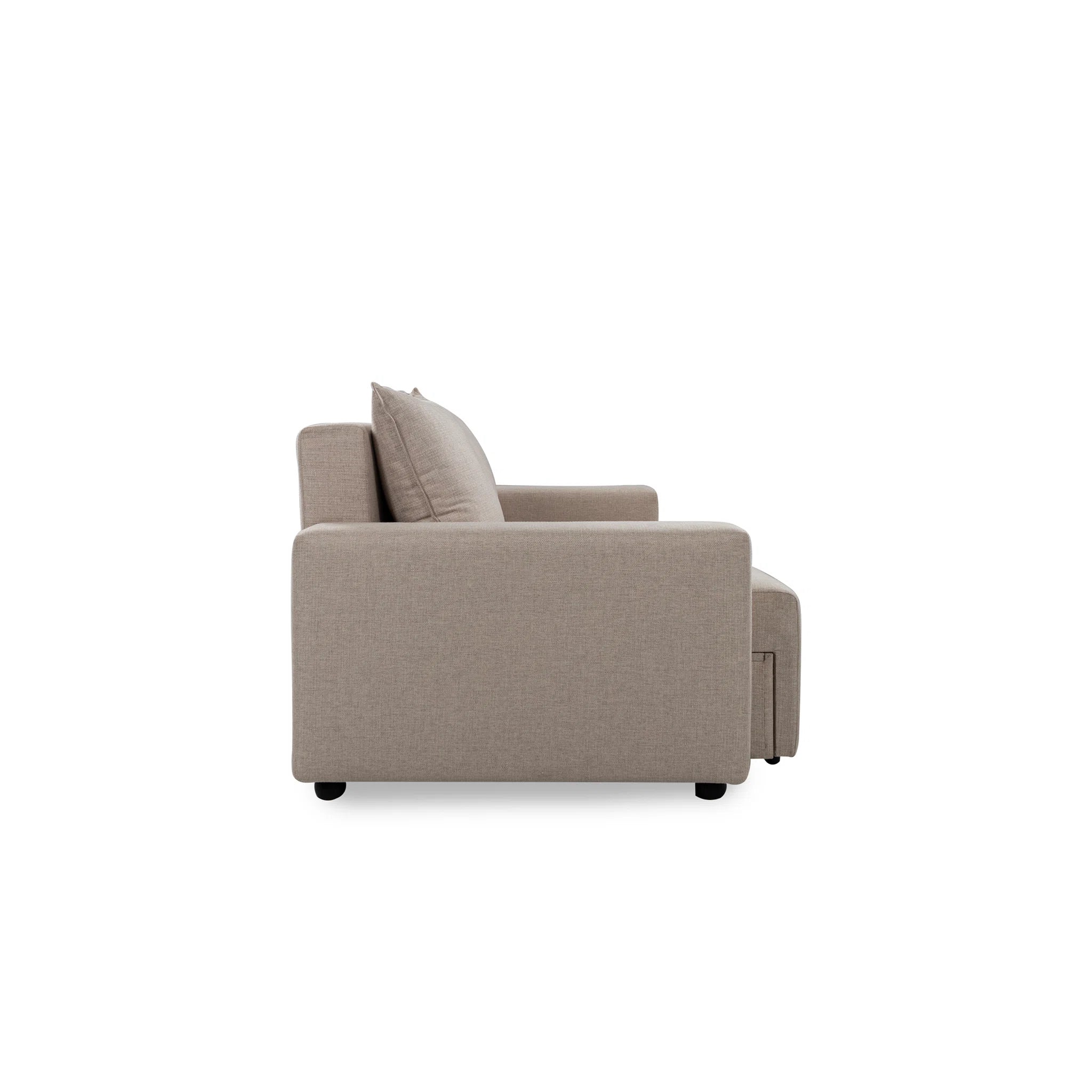 Beige sofa with two cushions on a white background