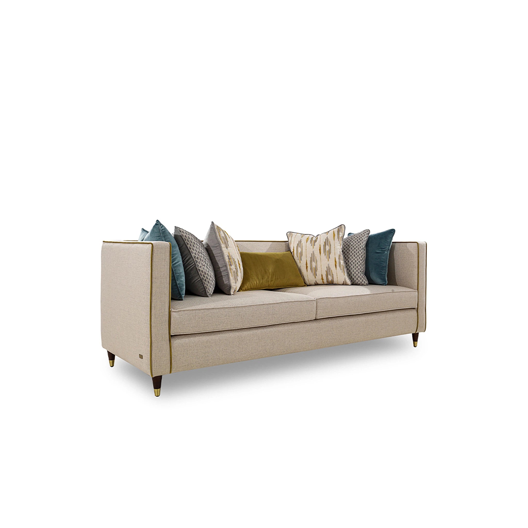 Beige sofa with colorful pillows on a white background