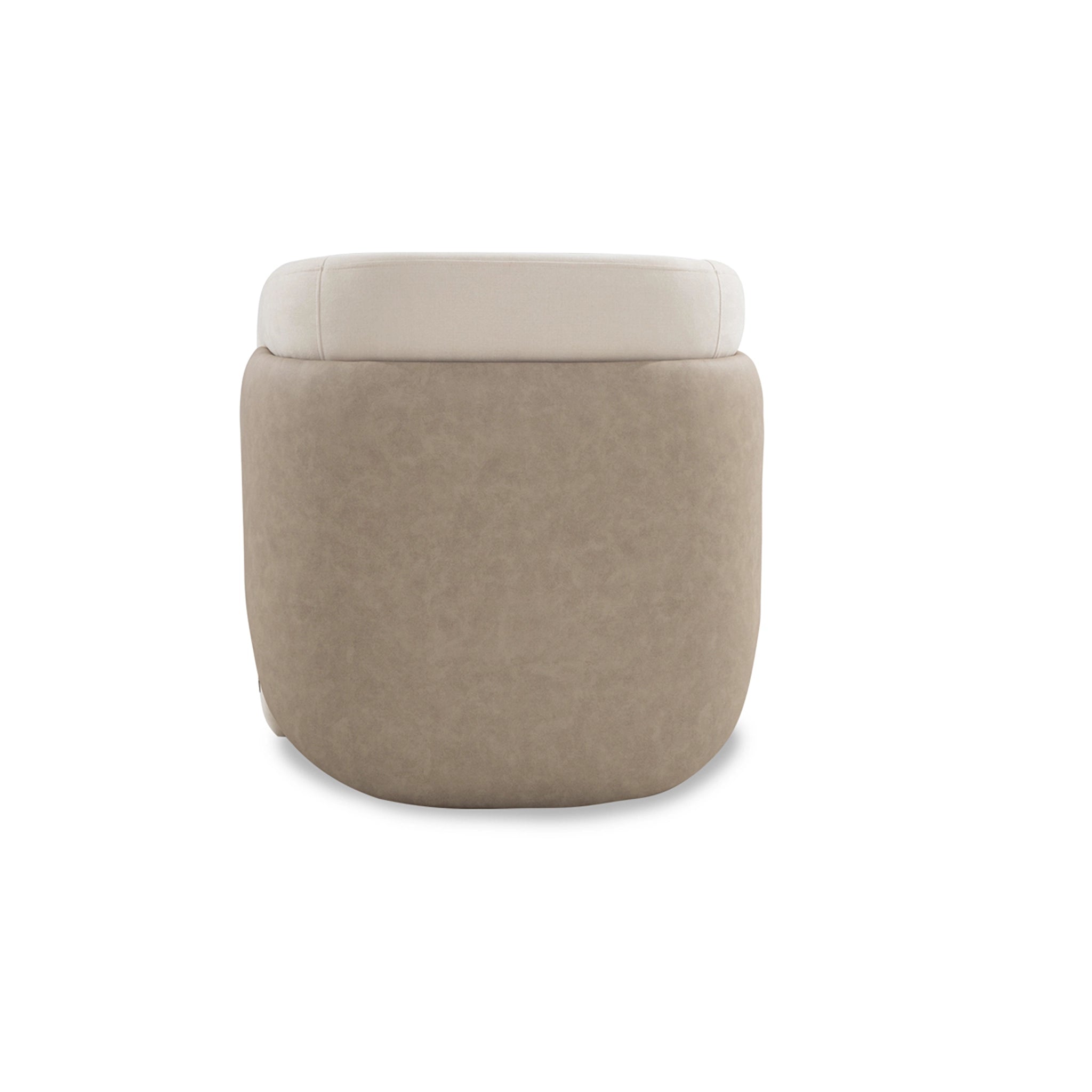 Round beige ottoman with a white cushion on a white background