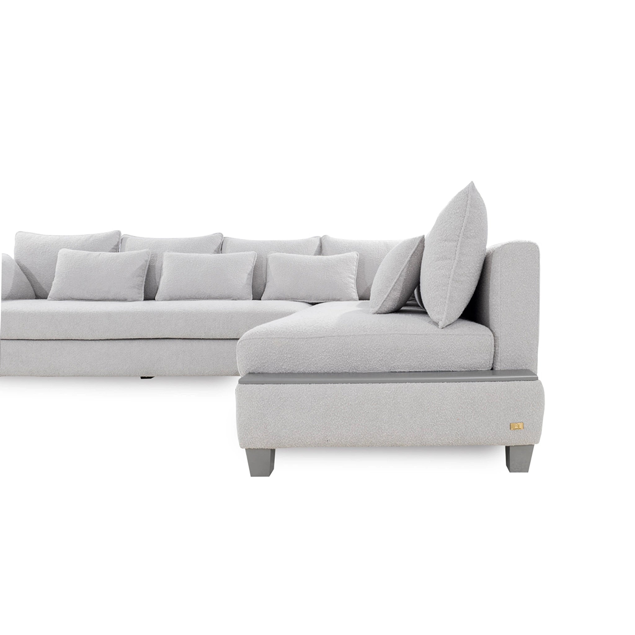 Gray sectional sofa with cushions on a white background