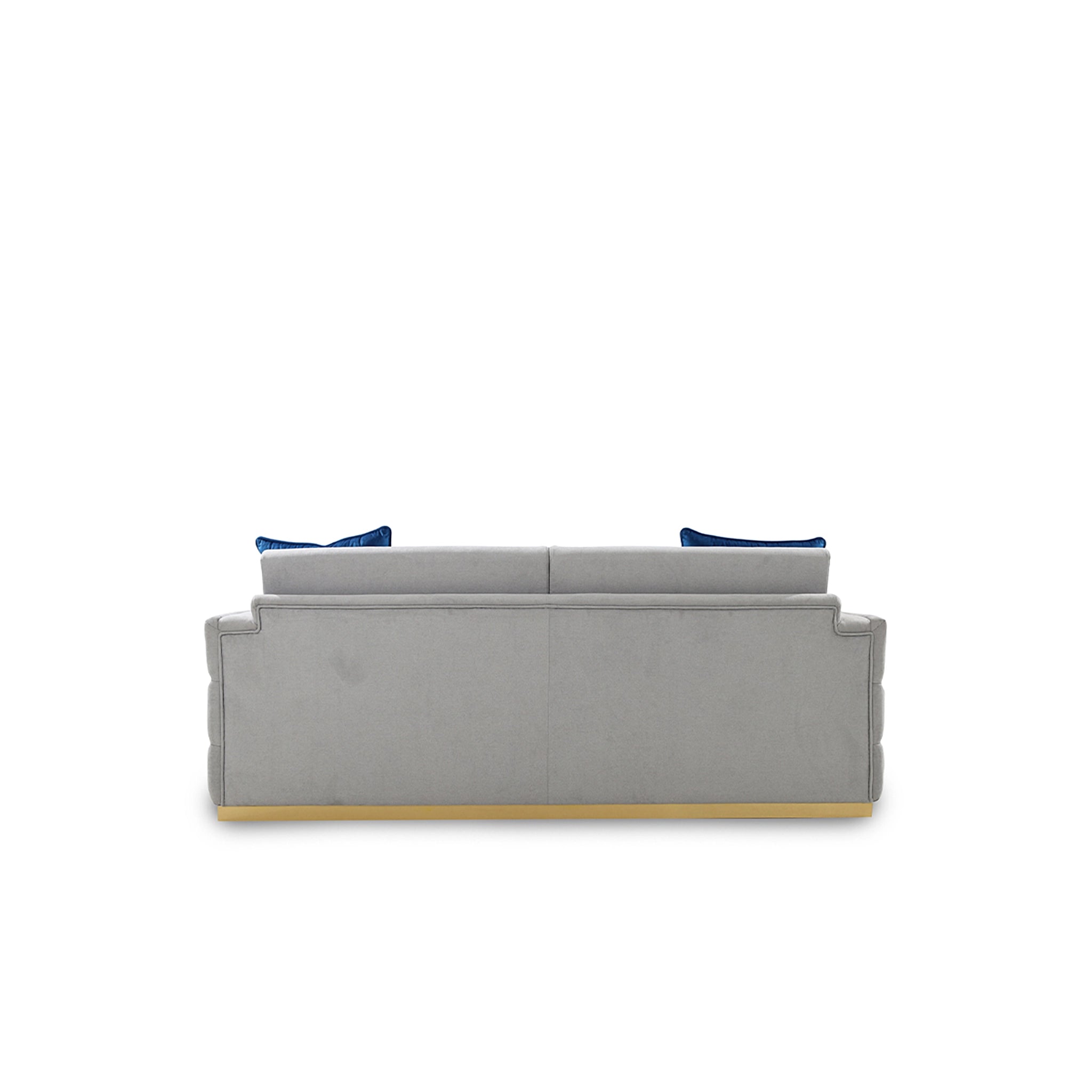 Gray sofa with blue cushions on a white background