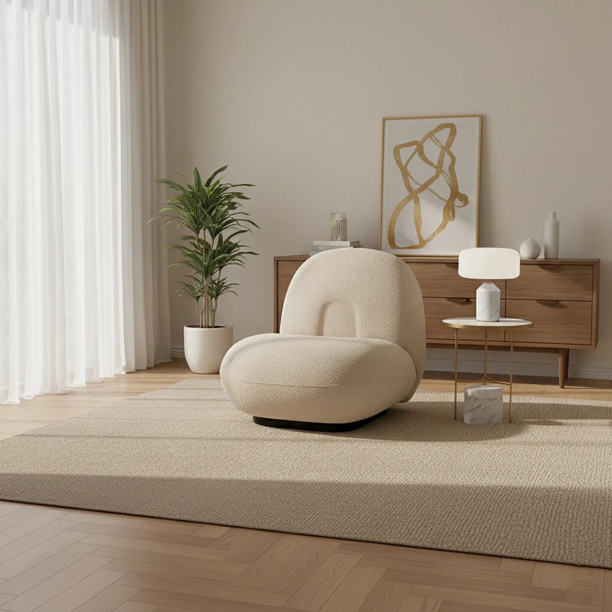 Modern living room with a beige armchair, wooden side table, and abstract art on the wall.