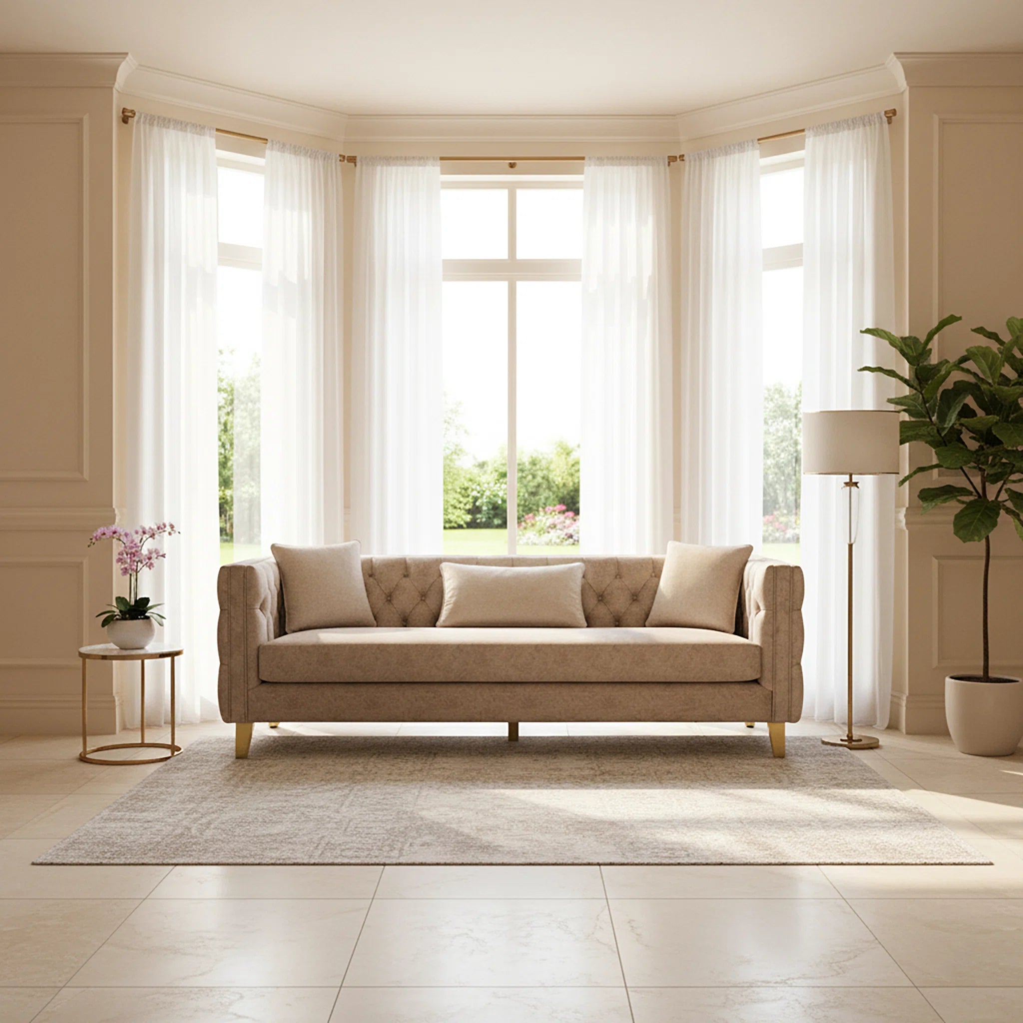 Beige sofa in a bright living room with large windows and decorative elements.