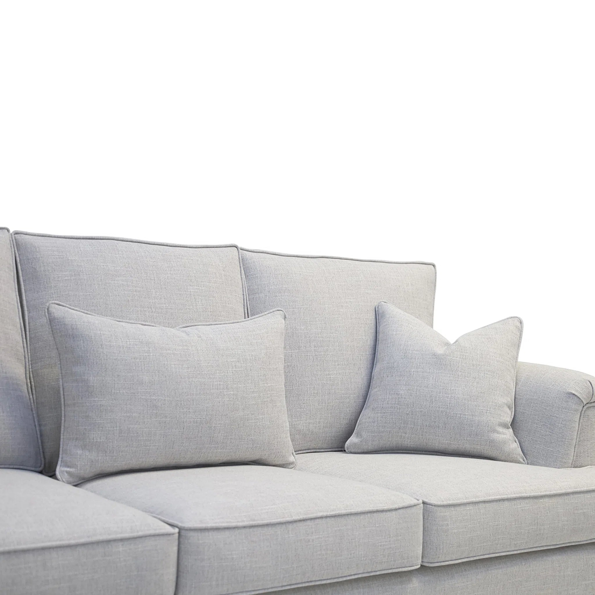 Gray sofa with matching cushions on a white background
