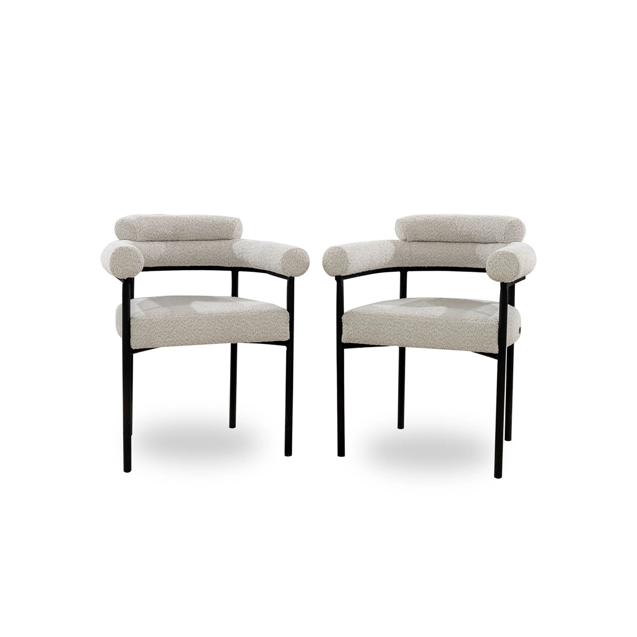 Two modern chairs with gray cushions and black frames on a white background
