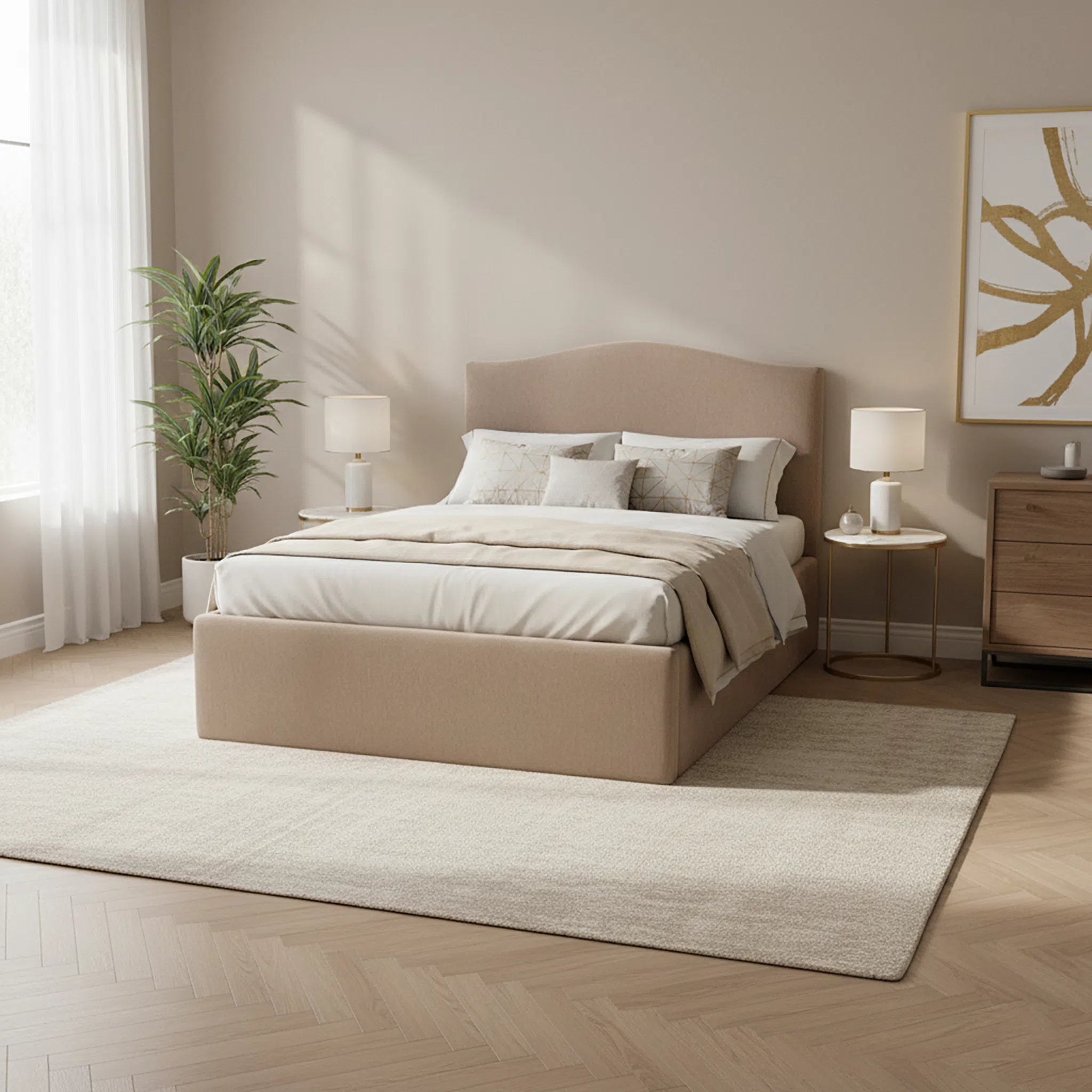 Neatly made bed in a bedroom with beige walls, wooden floor, and decorative elements.