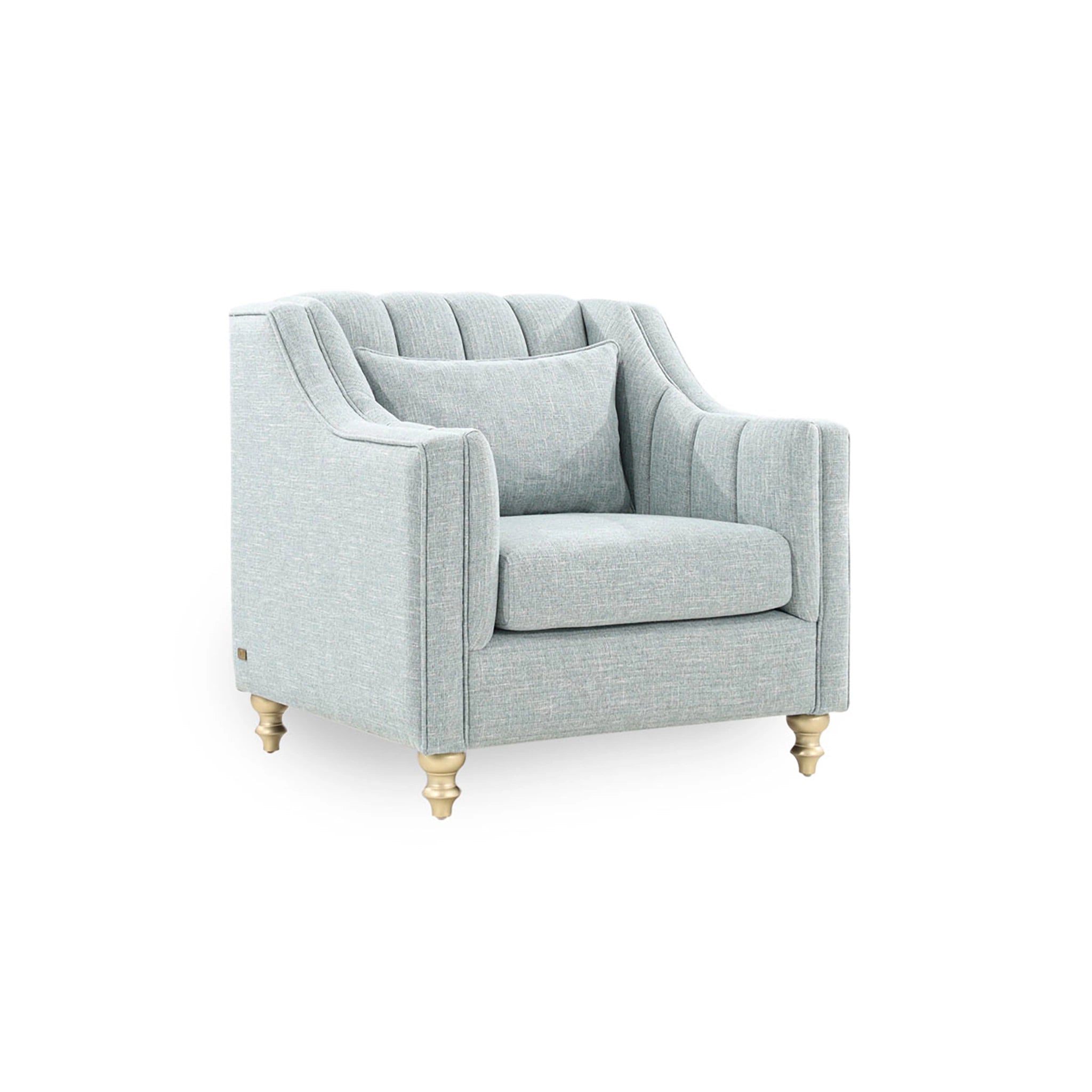 Light gray armchair with gold legs on a white background