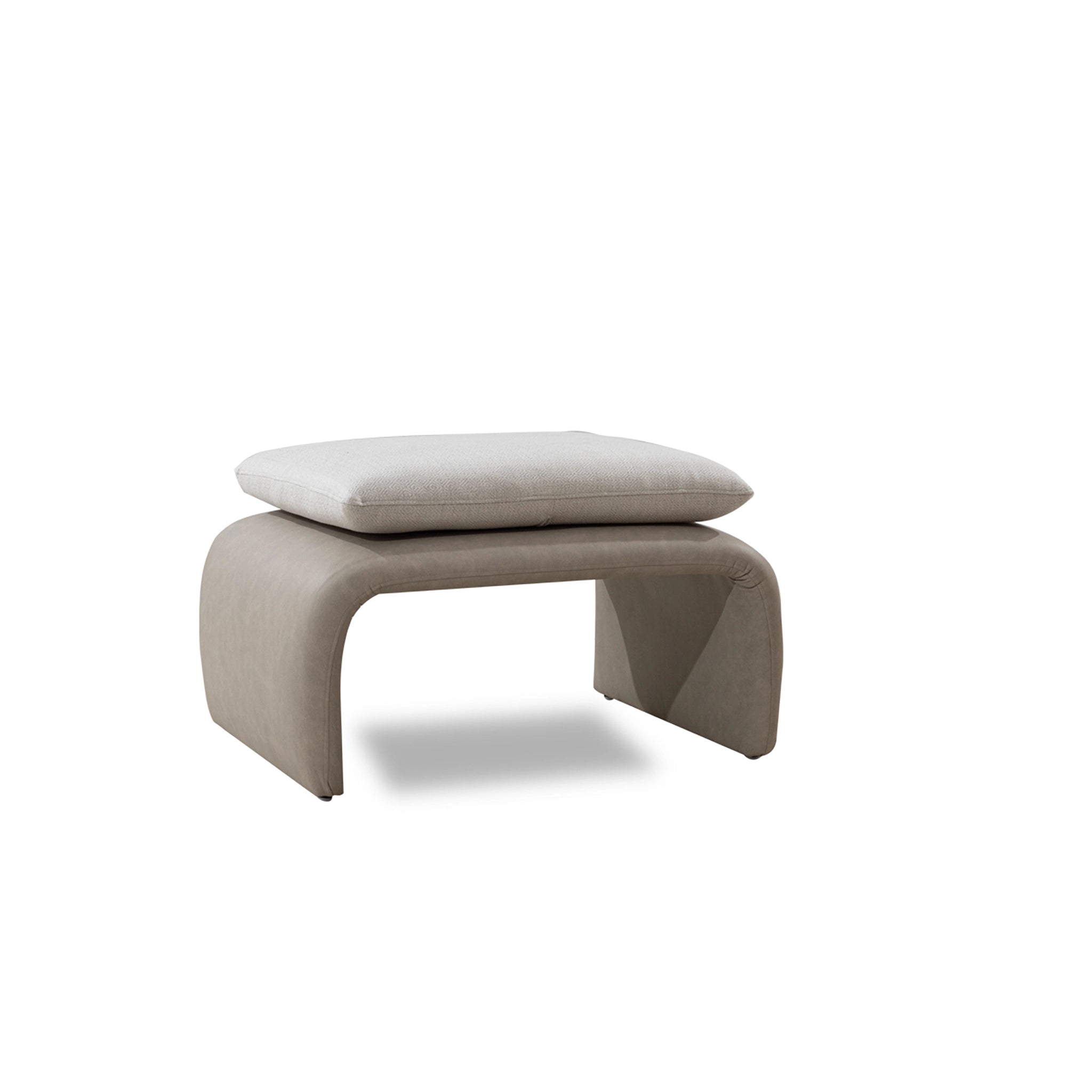 Beige footstool with a white cushion on a white background