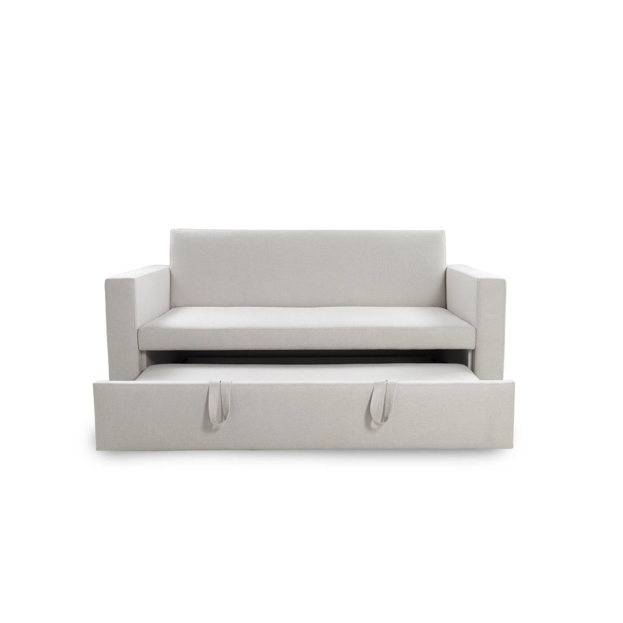 Gray sofa bed with storage compartment on a white background