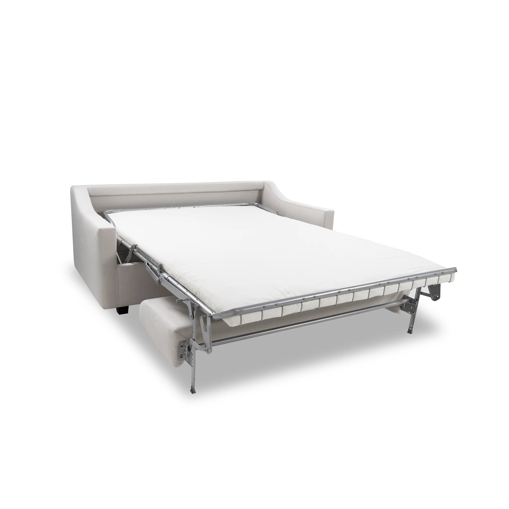 White bed with pull-out mechanism on a white background
