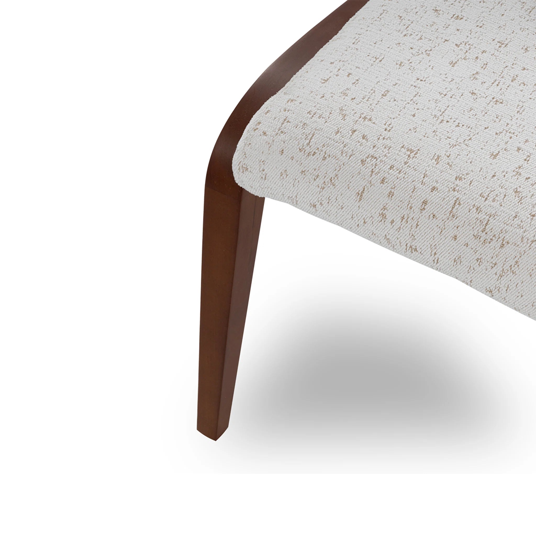 Close-up of a chair with wooden leg and textured fabric seat on a white background