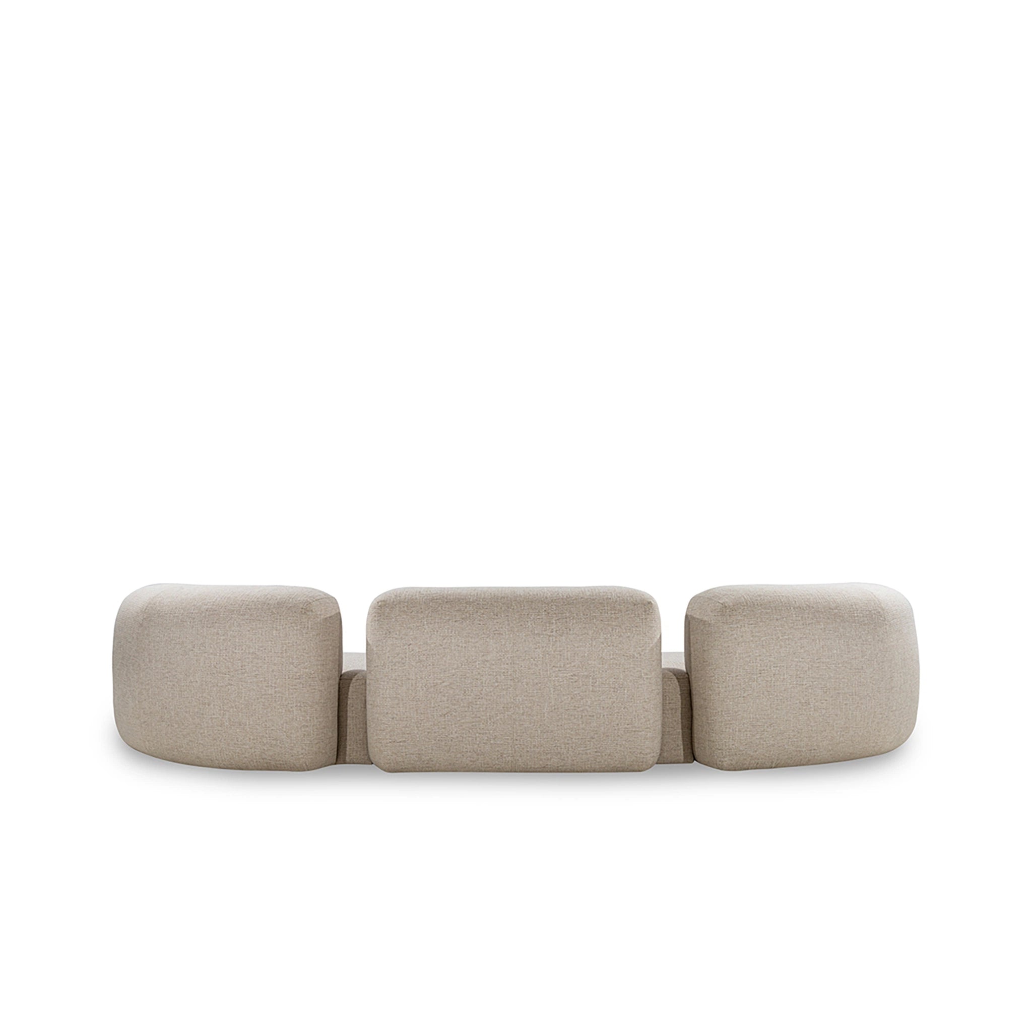 Beige modular sofa with three cushioned sections on a white background