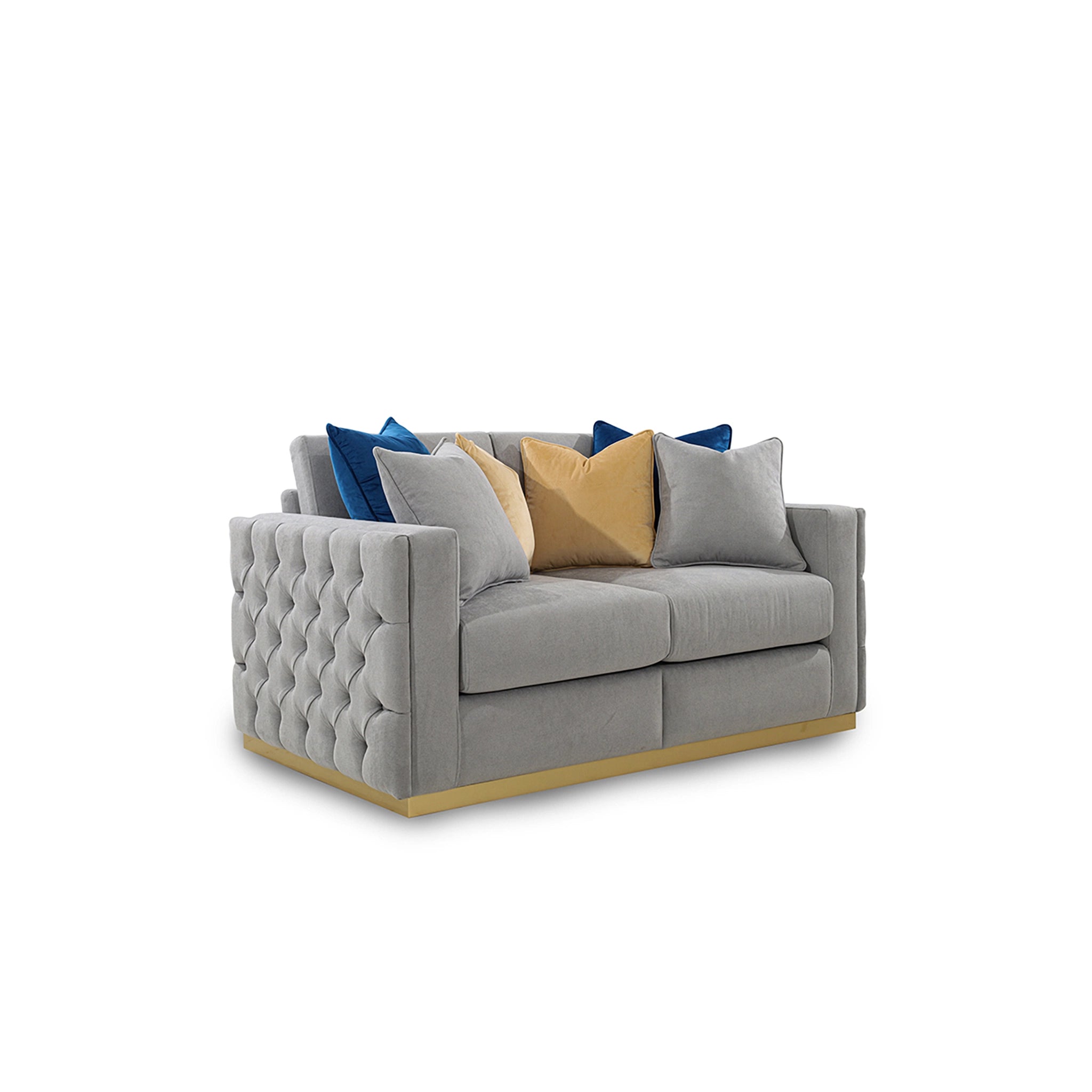 Gray sofa with colorful cushions on a white background