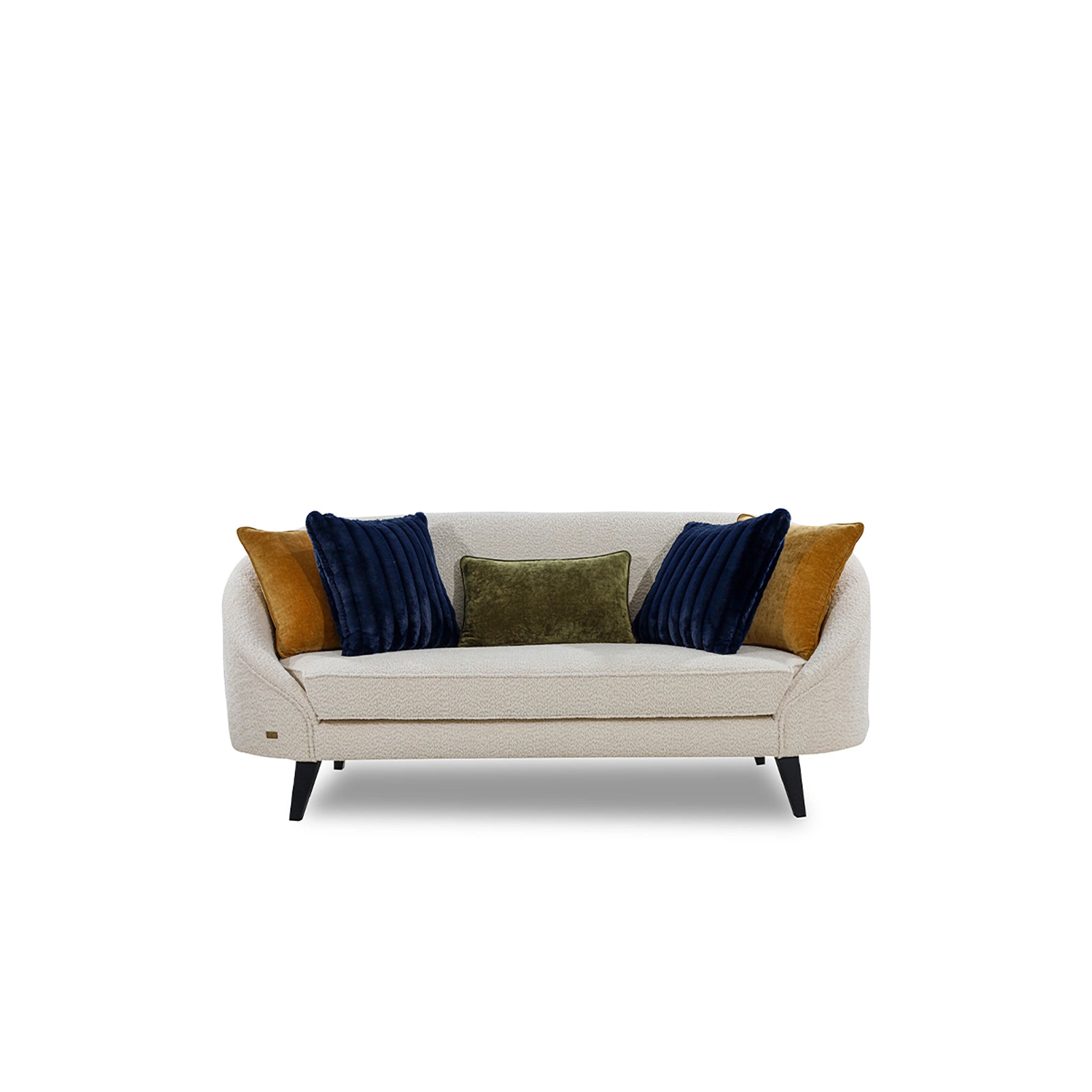 Beige sofa with colorful cushions on a white background