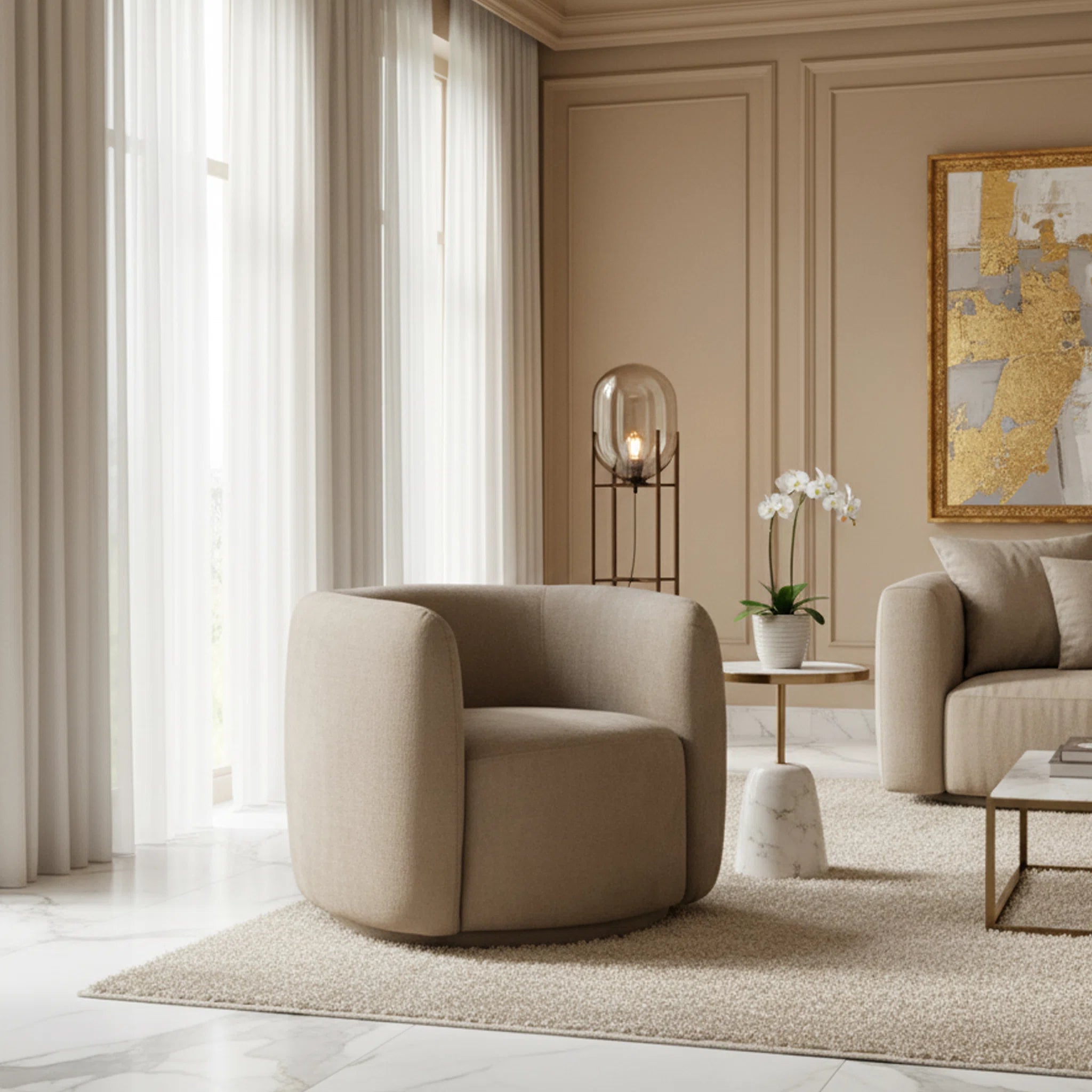 Modern living room with beige armchair, sofa, and decorative elements.