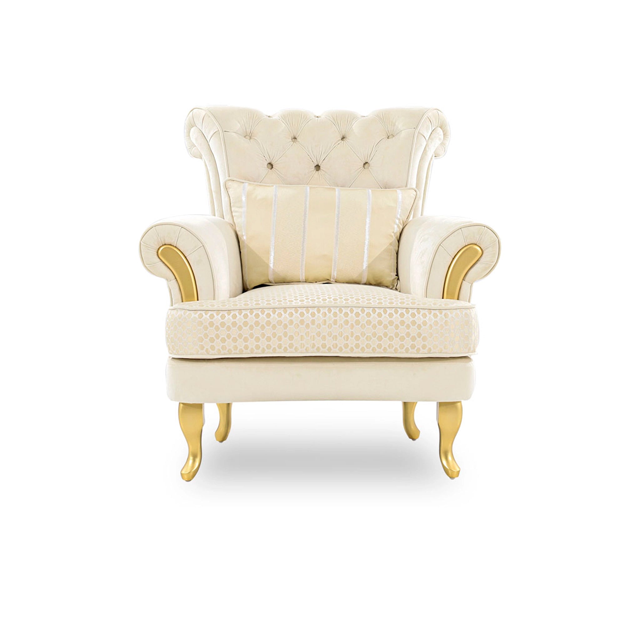 Cream-colored armchair with gold accents on a white background