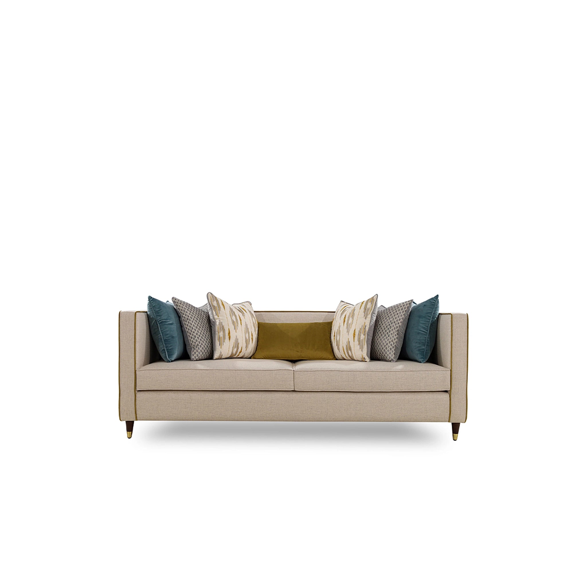 Beige sofa with colorful cushions on a white background
