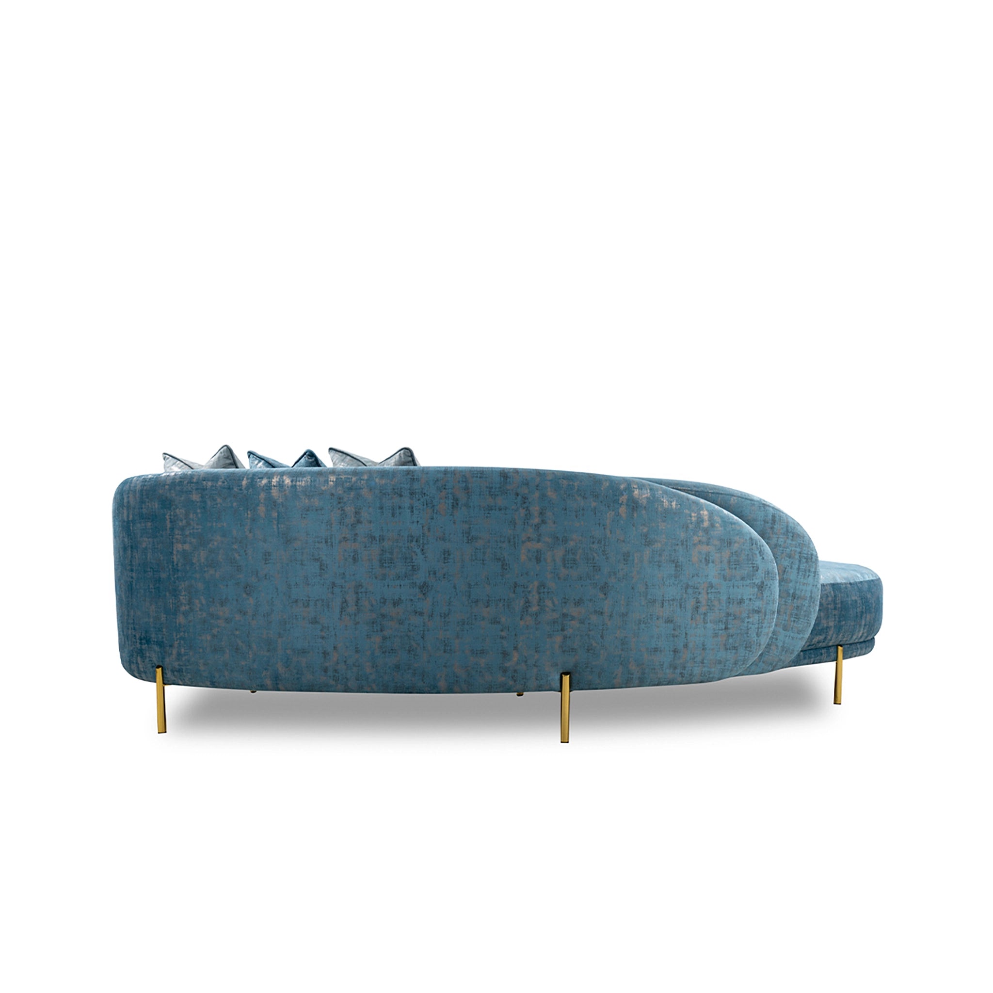 Blue textured sofa with gold legs on a white background