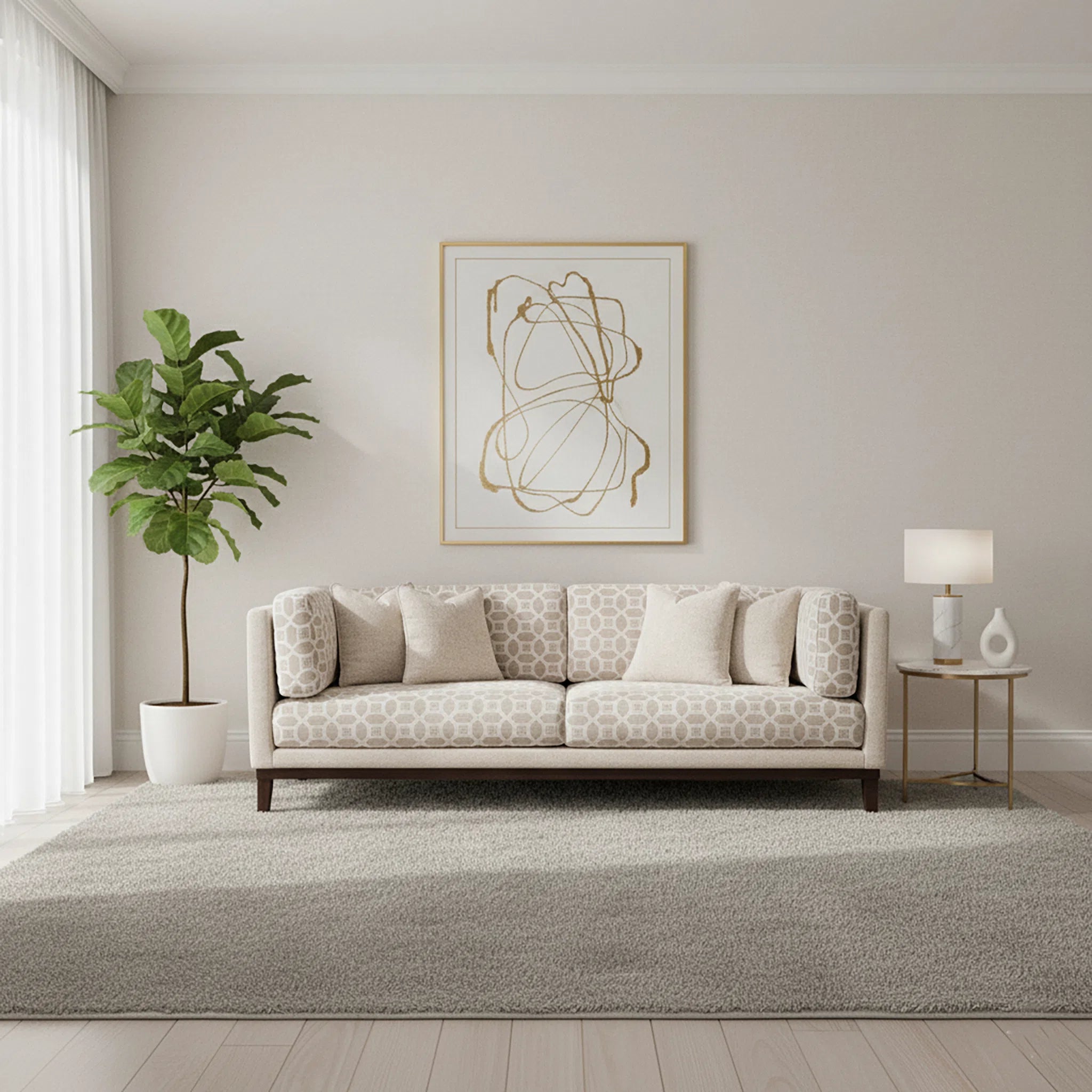 Living room with a patterned sofa, plant, and abstract art on the wall.