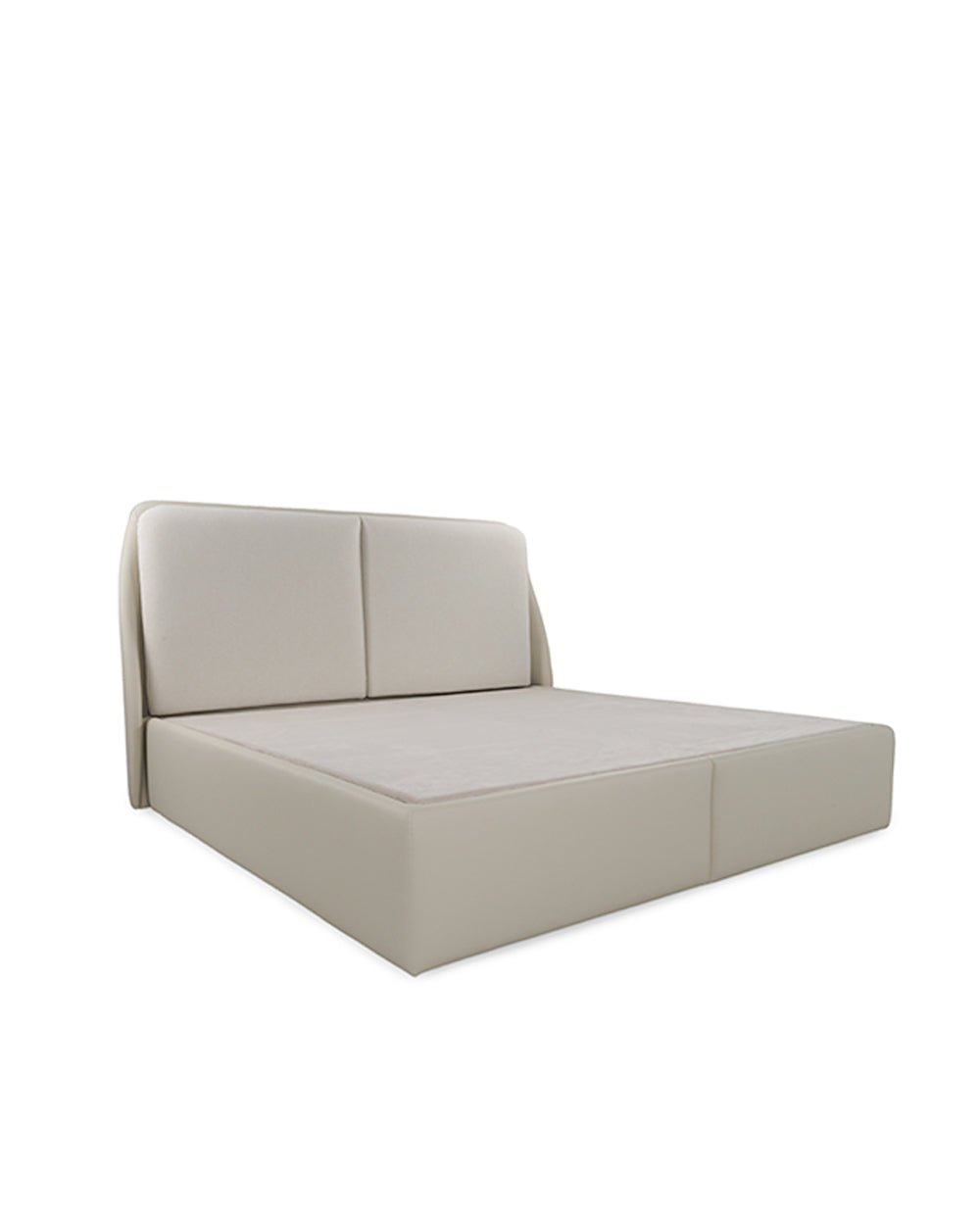 Beige upholstered bed on a white background