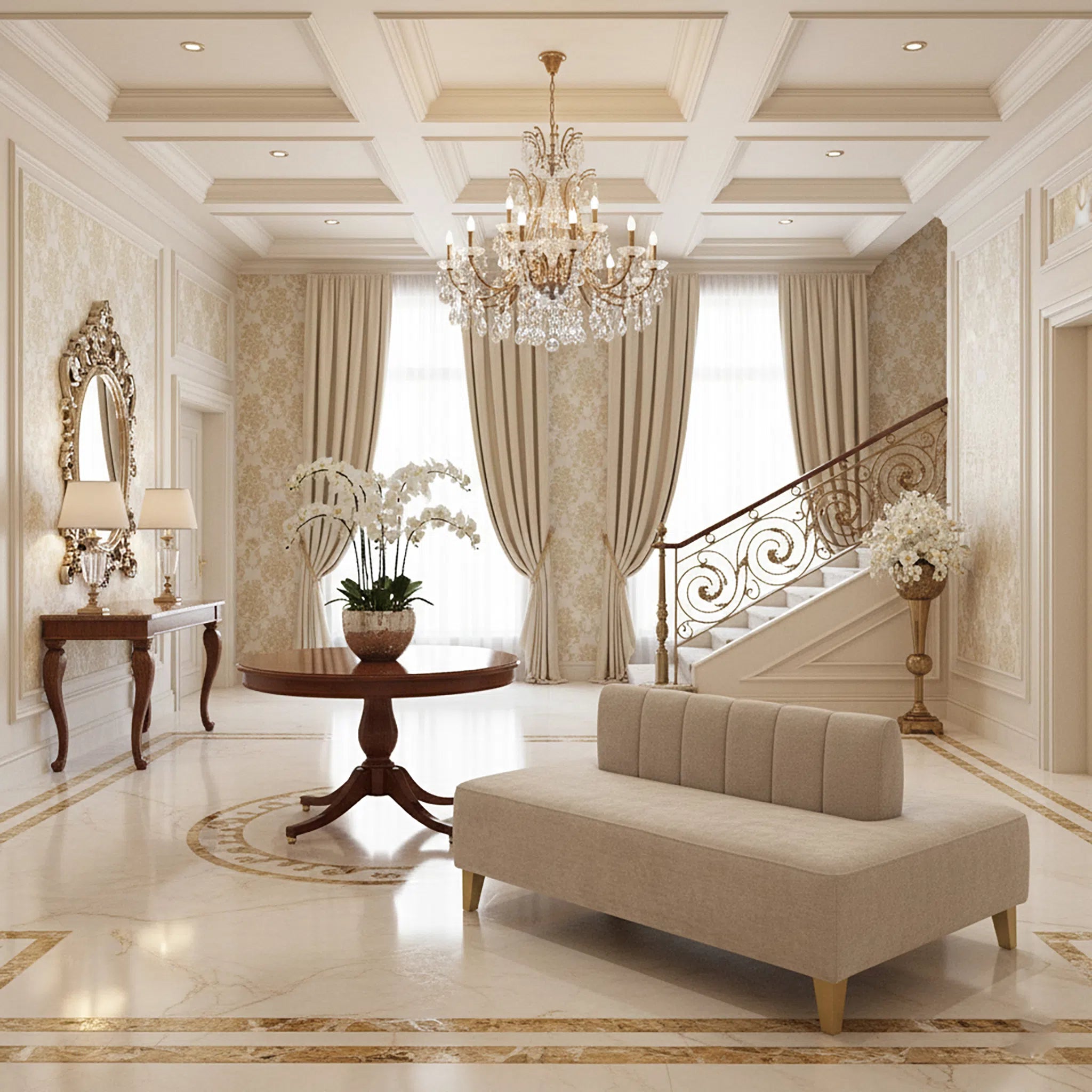 Luxurious interior with a chandelier, sofa, and decorative elements.