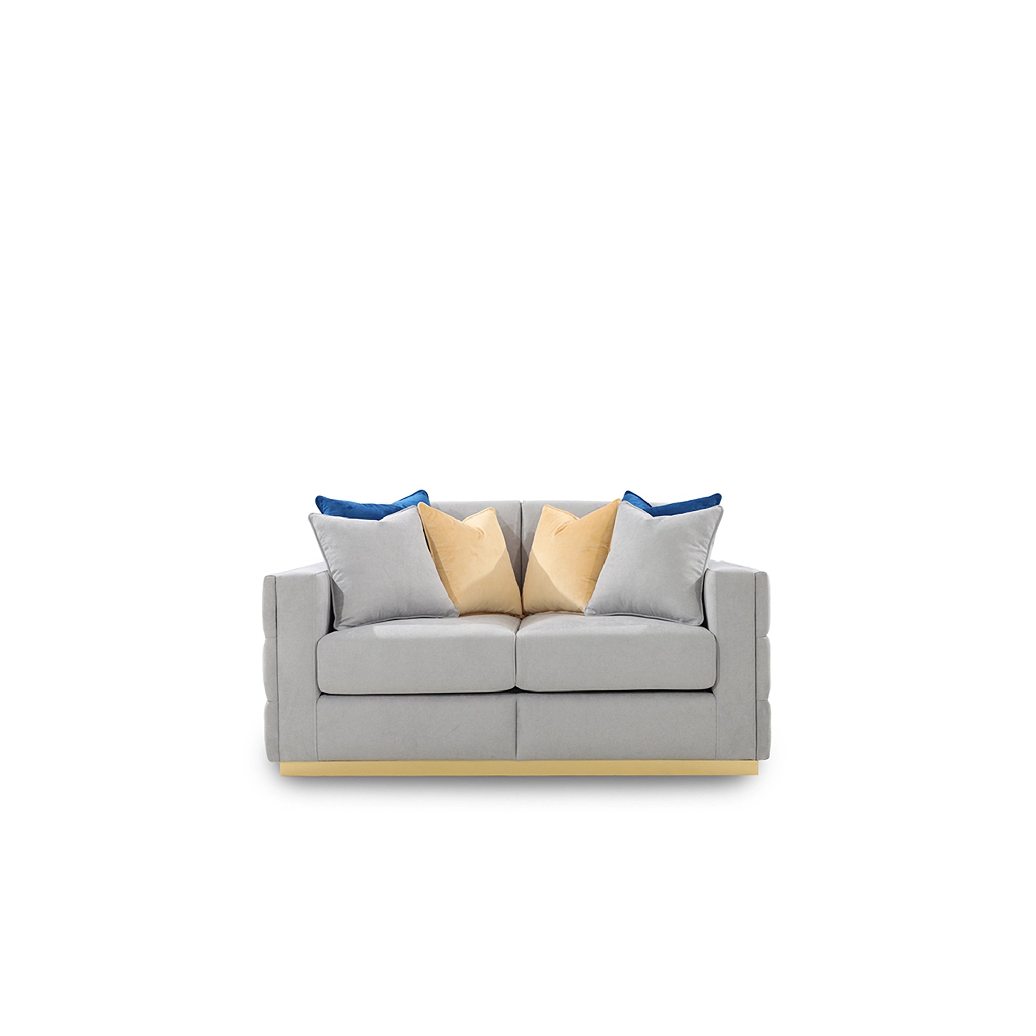 Gray sofa with colorful cushions on a white background