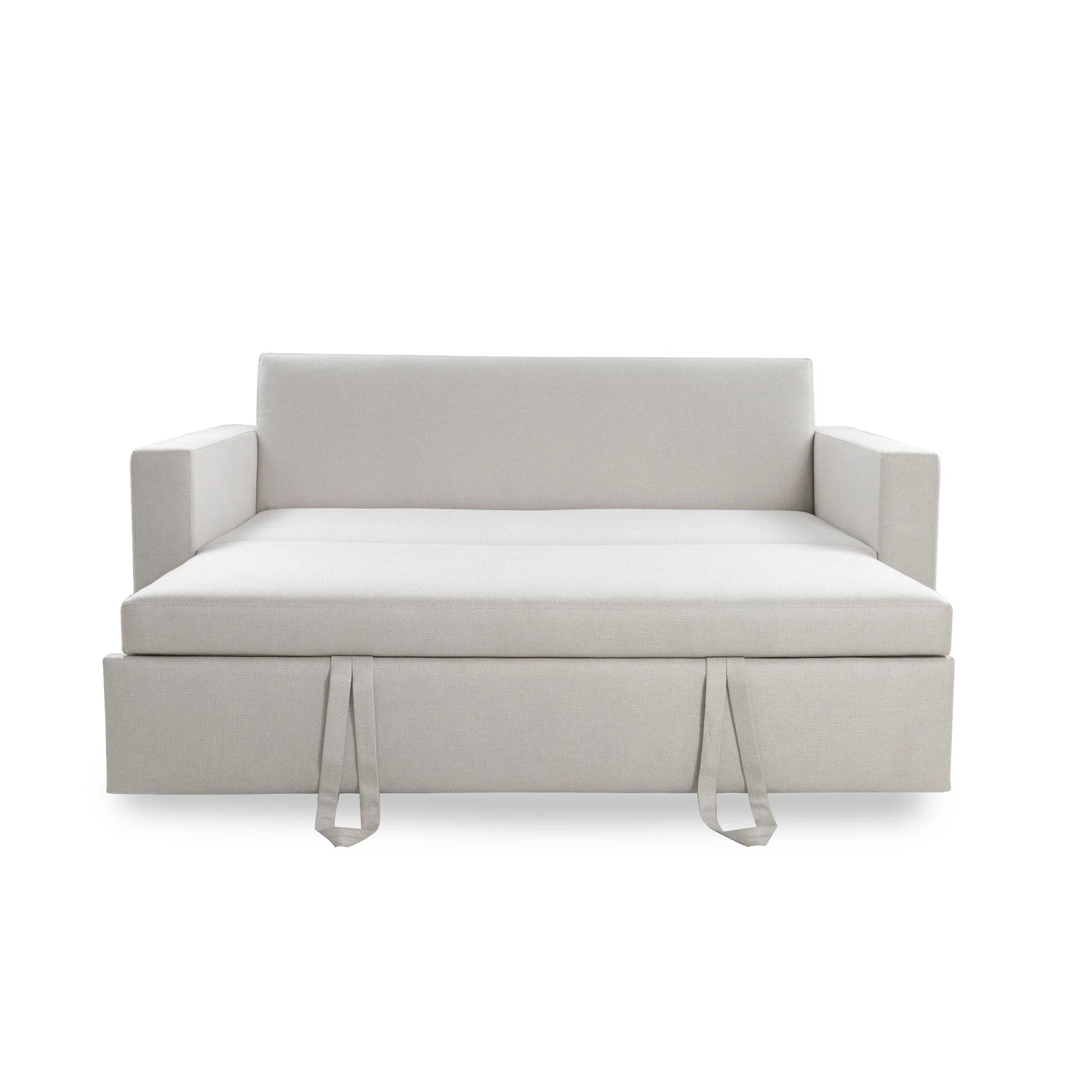 Light gray sofa bed with straps on a white background