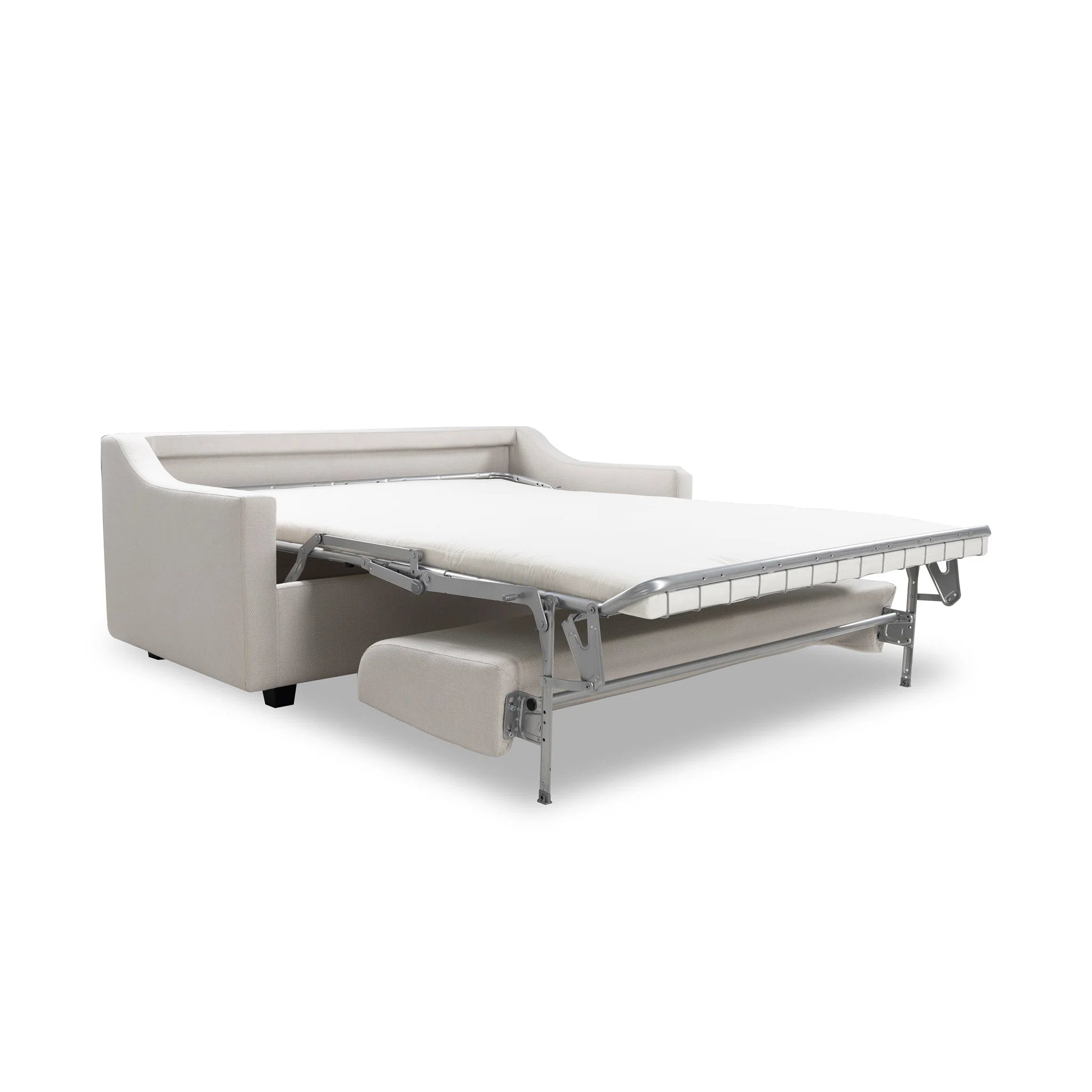 Gray sofa bed with pull-out mechanism on a white background