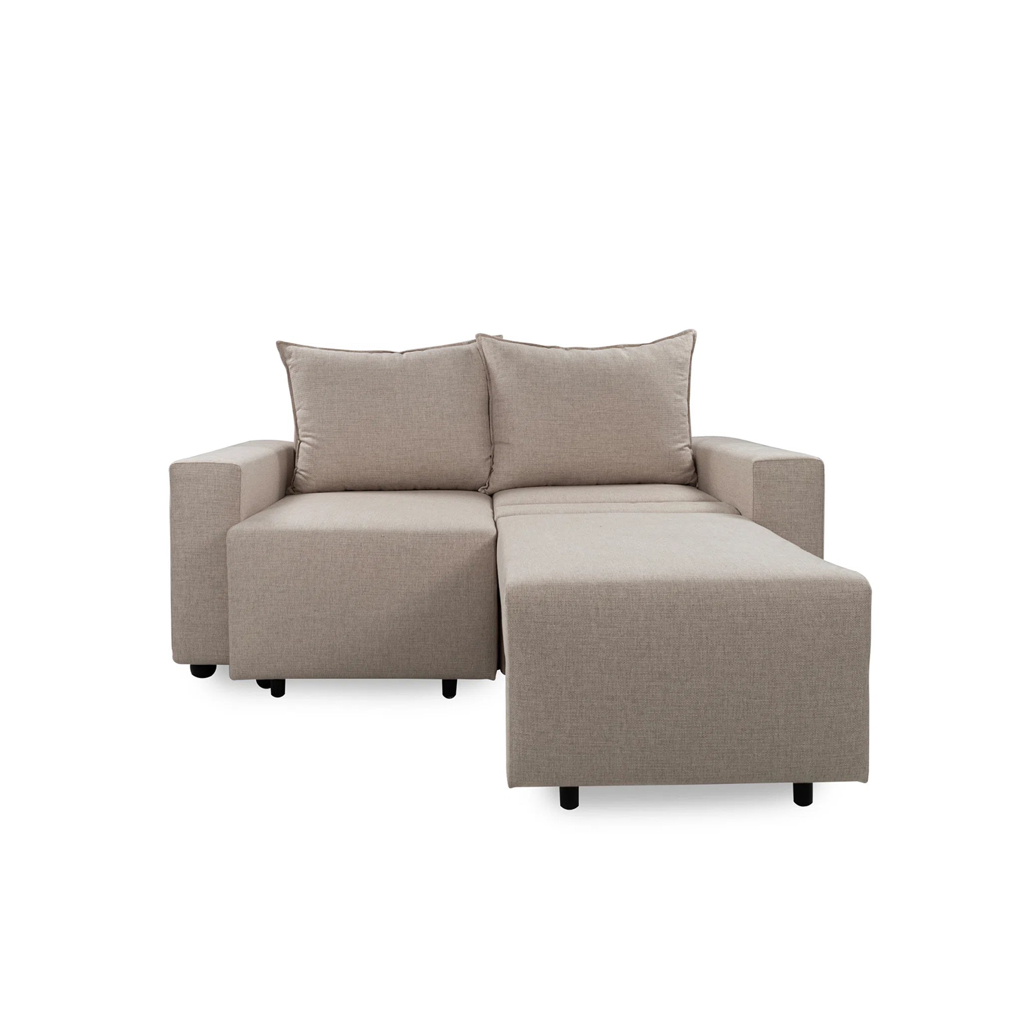 Beige sectional sofa with two cushions on a white background