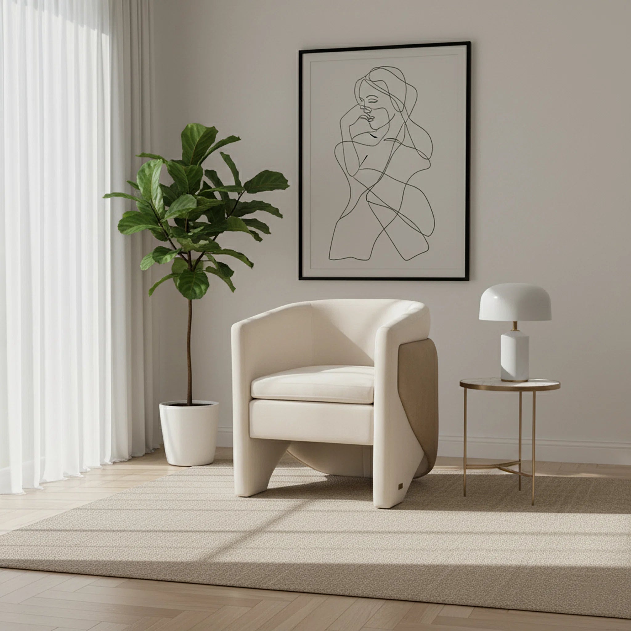 Modern living room with a beige armchair, potted plant, and framed artwork.