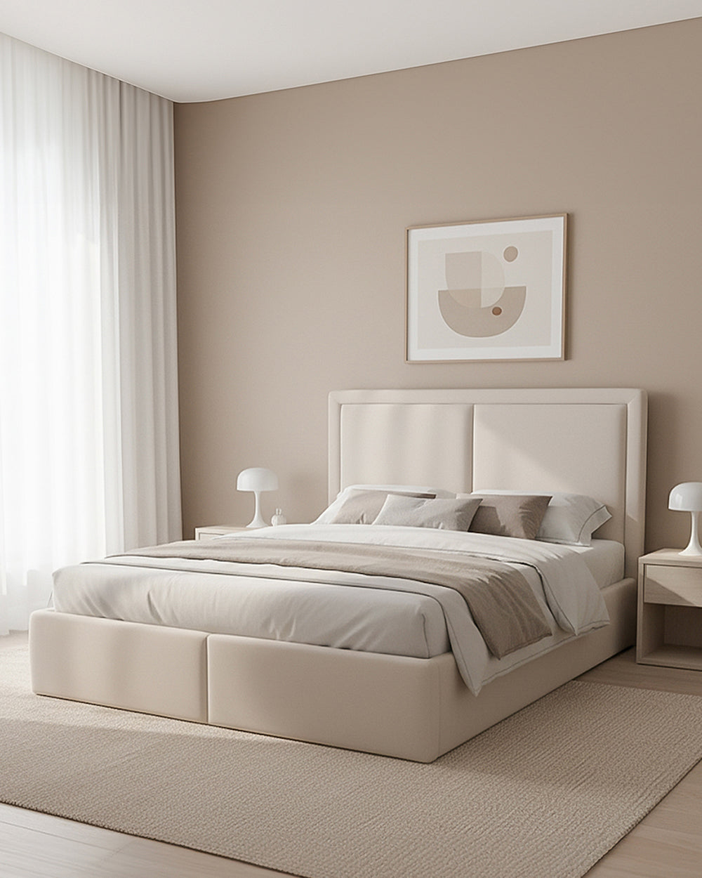 Beige bedroom with a bed, nightstands, and wall art.
