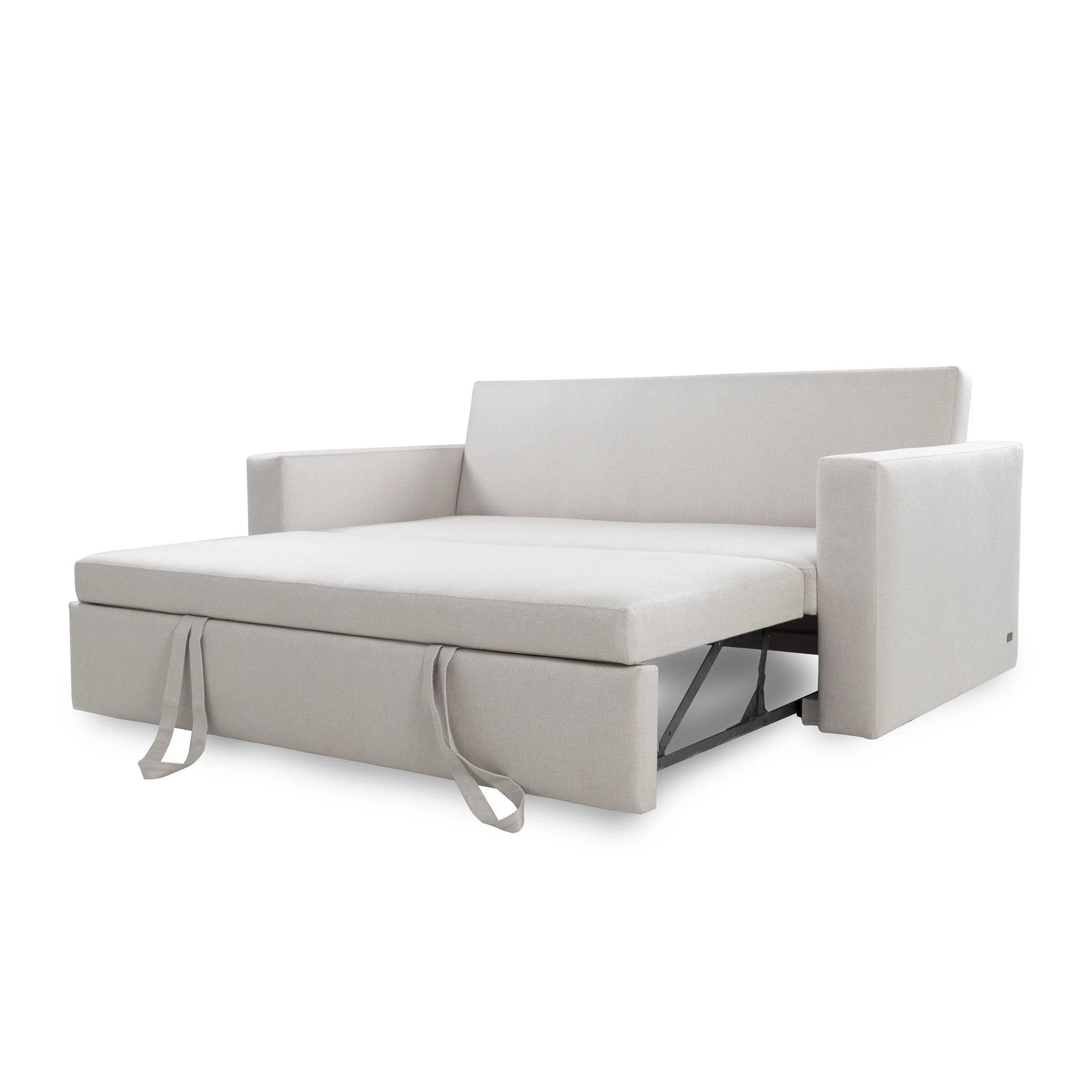 Gray sofa bed with pull-out mechanism on a white background