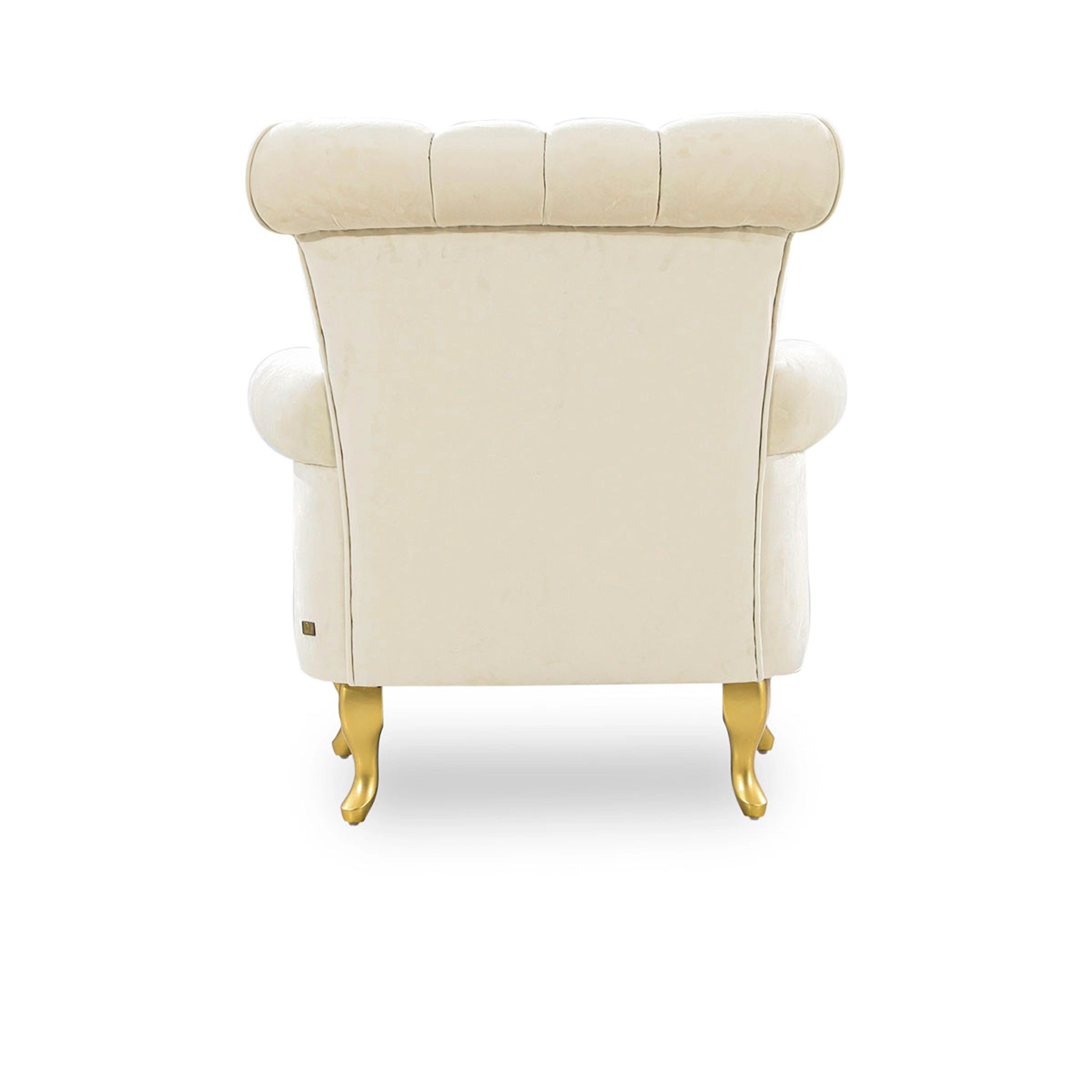 Beige armchair with gold legs on a white background