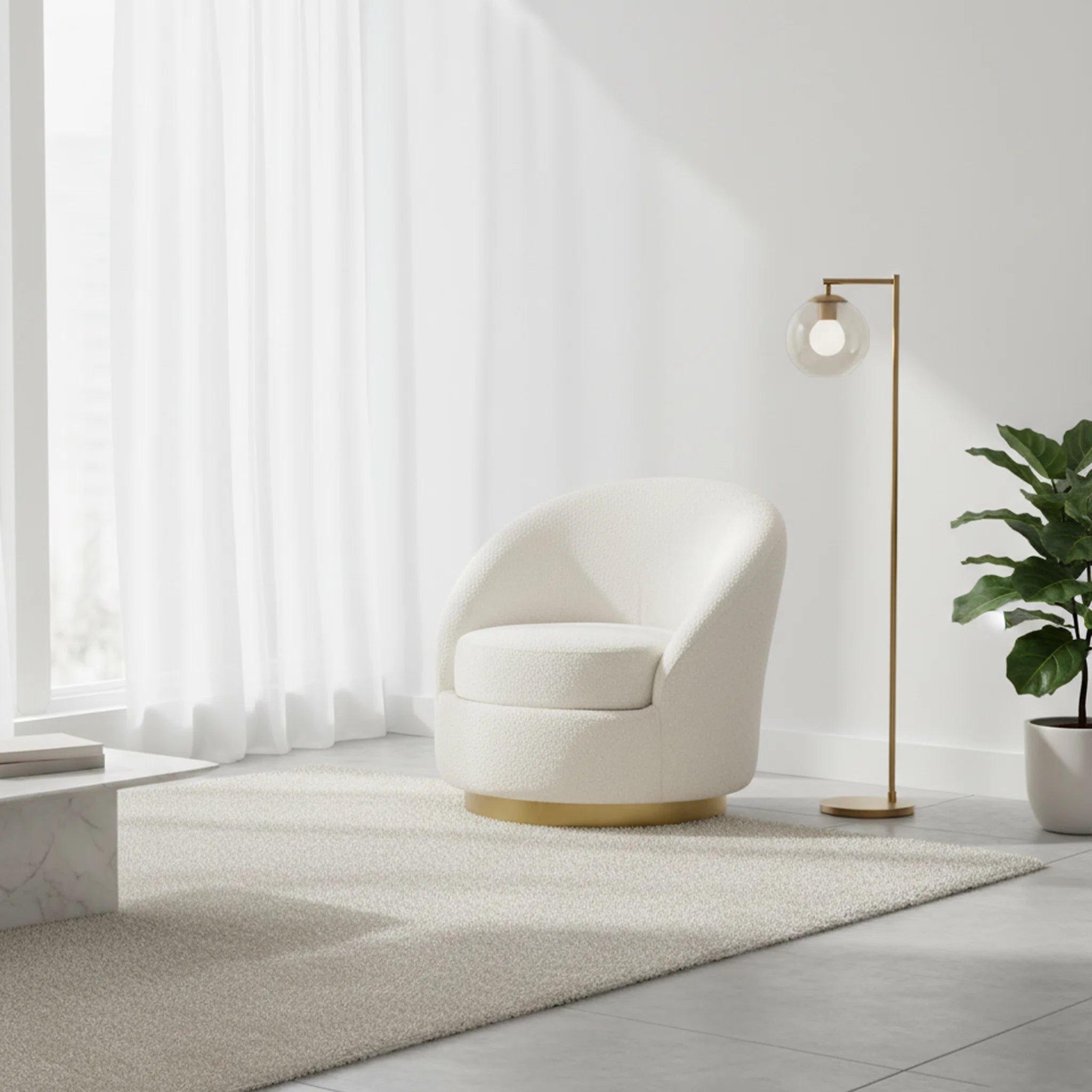 Modern white armchair in a minimalistic living room with a plant and floor lamp.