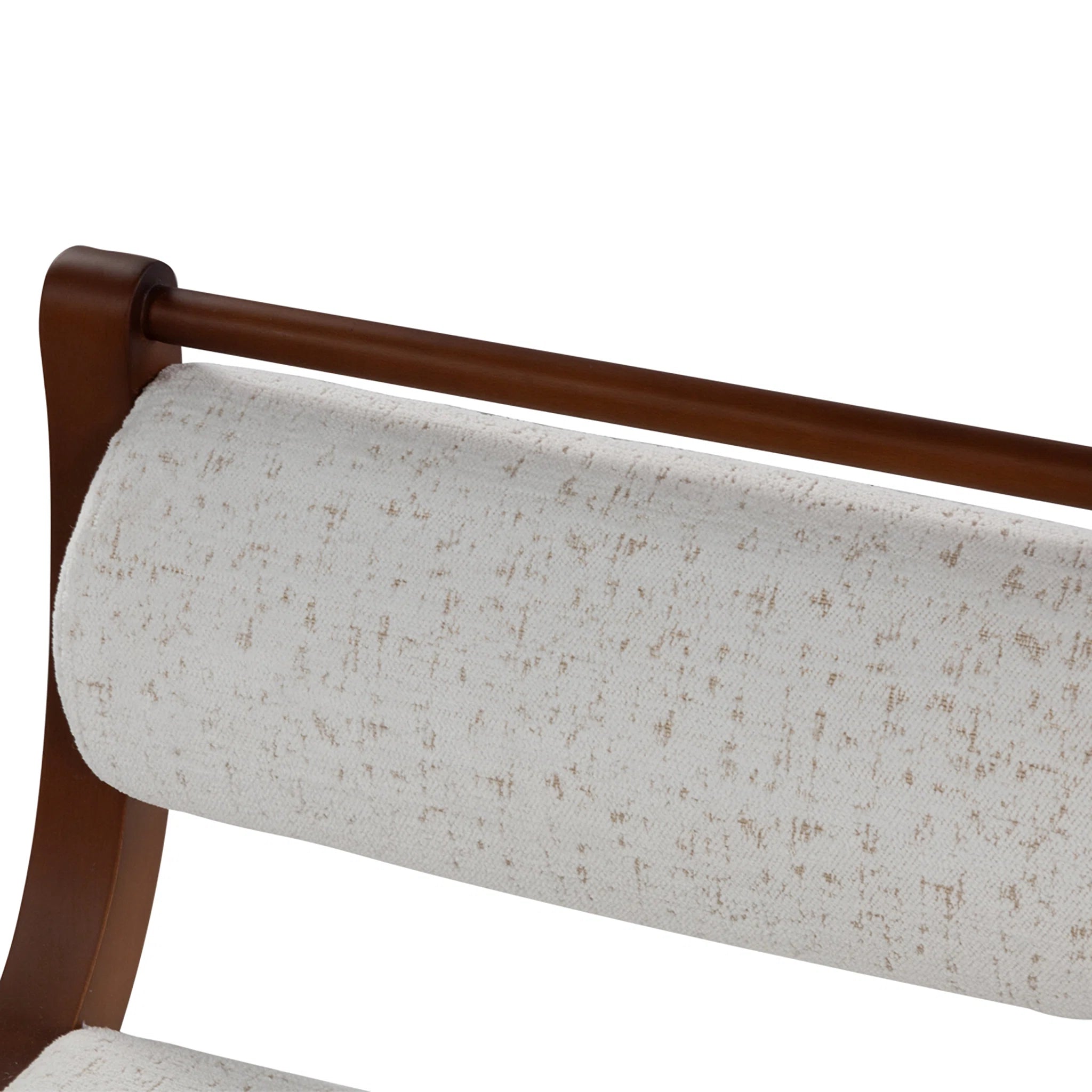 Close-up of a chair with wooden frame and beige fabric seat on a white background