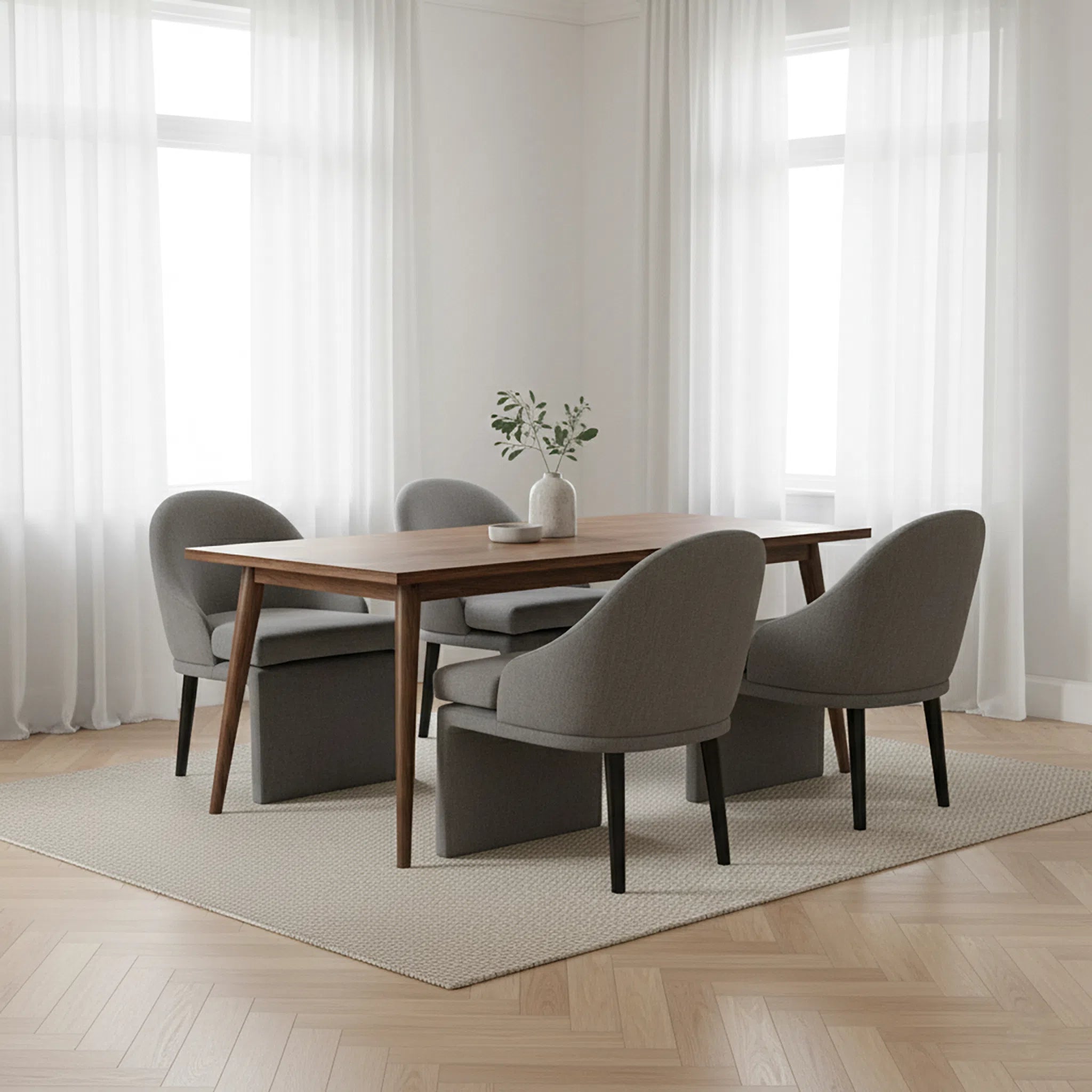 Dining room with wooden table and gray chairs in a bright room.