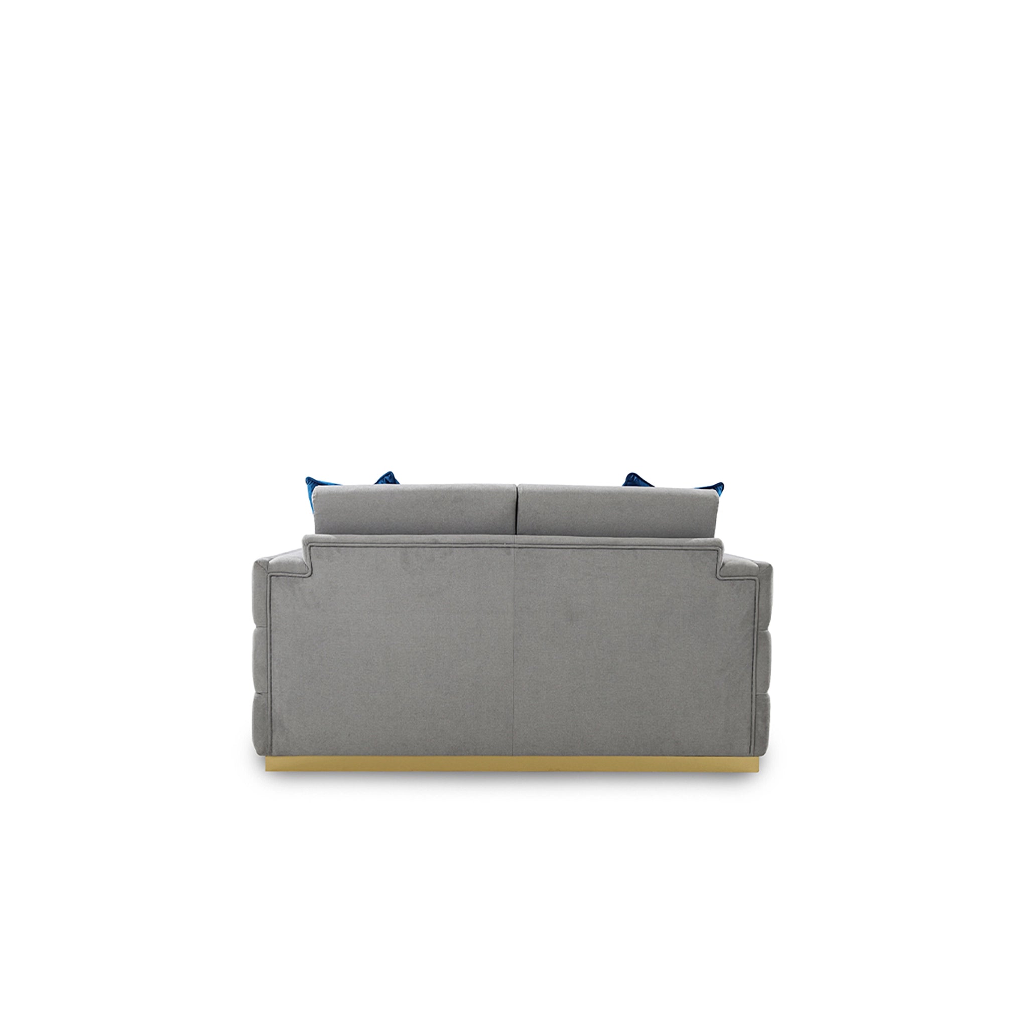 Gray sofa with blue cushions on a white background