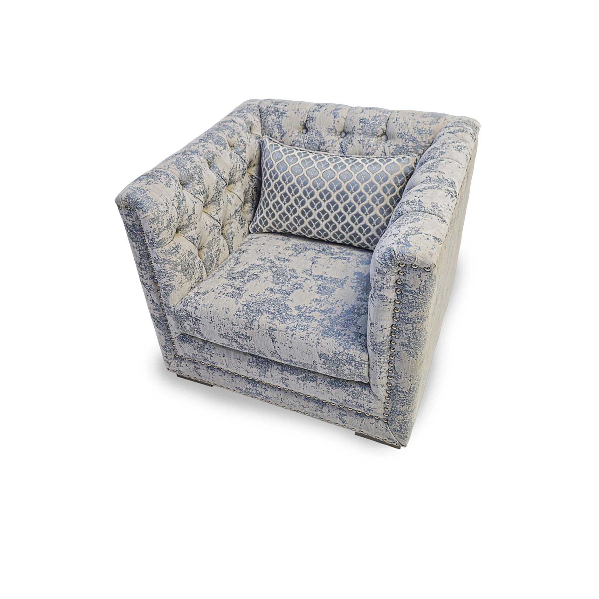 Decorative armchair with blue and white pattern on a white background