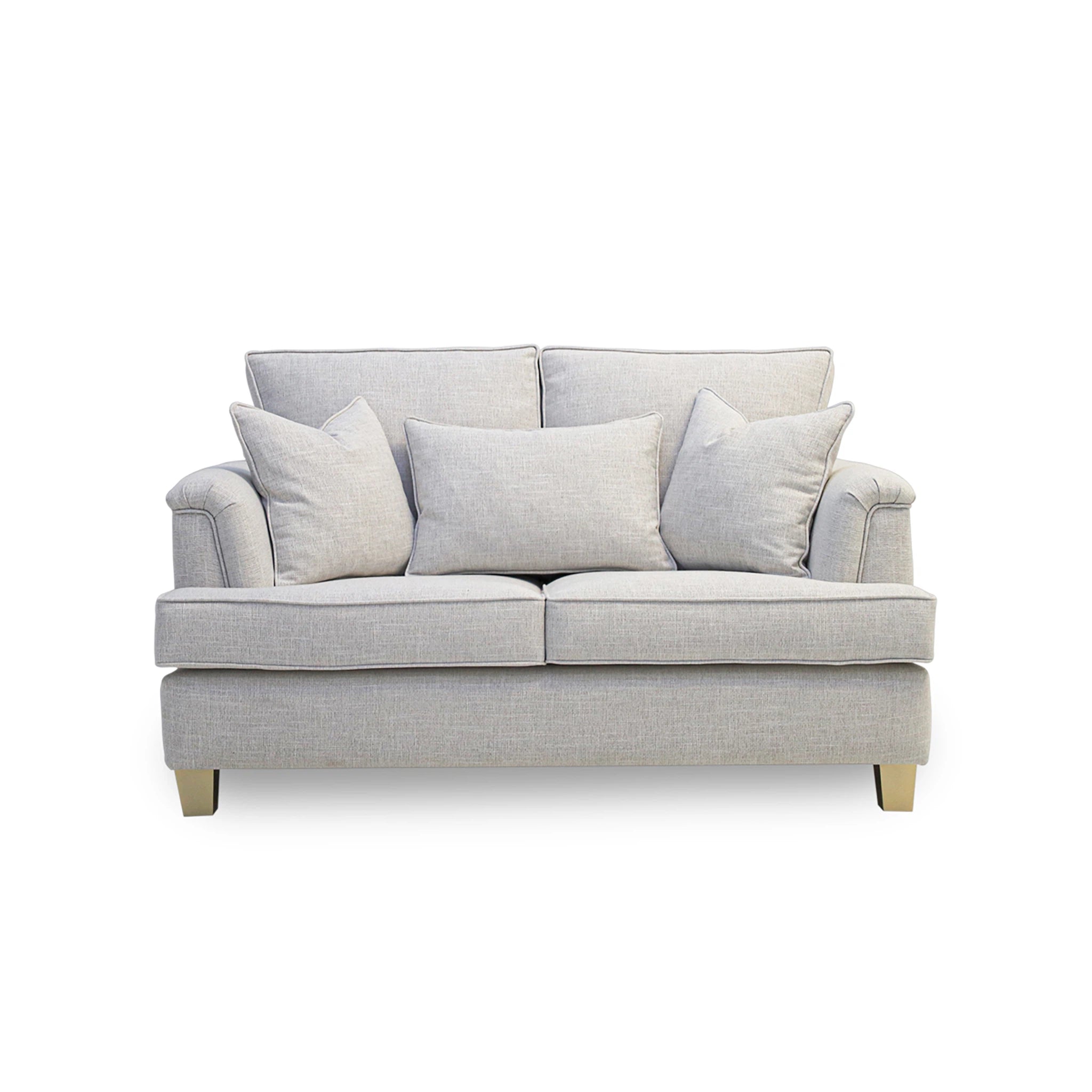 Gray sofa with three cushions on a white background