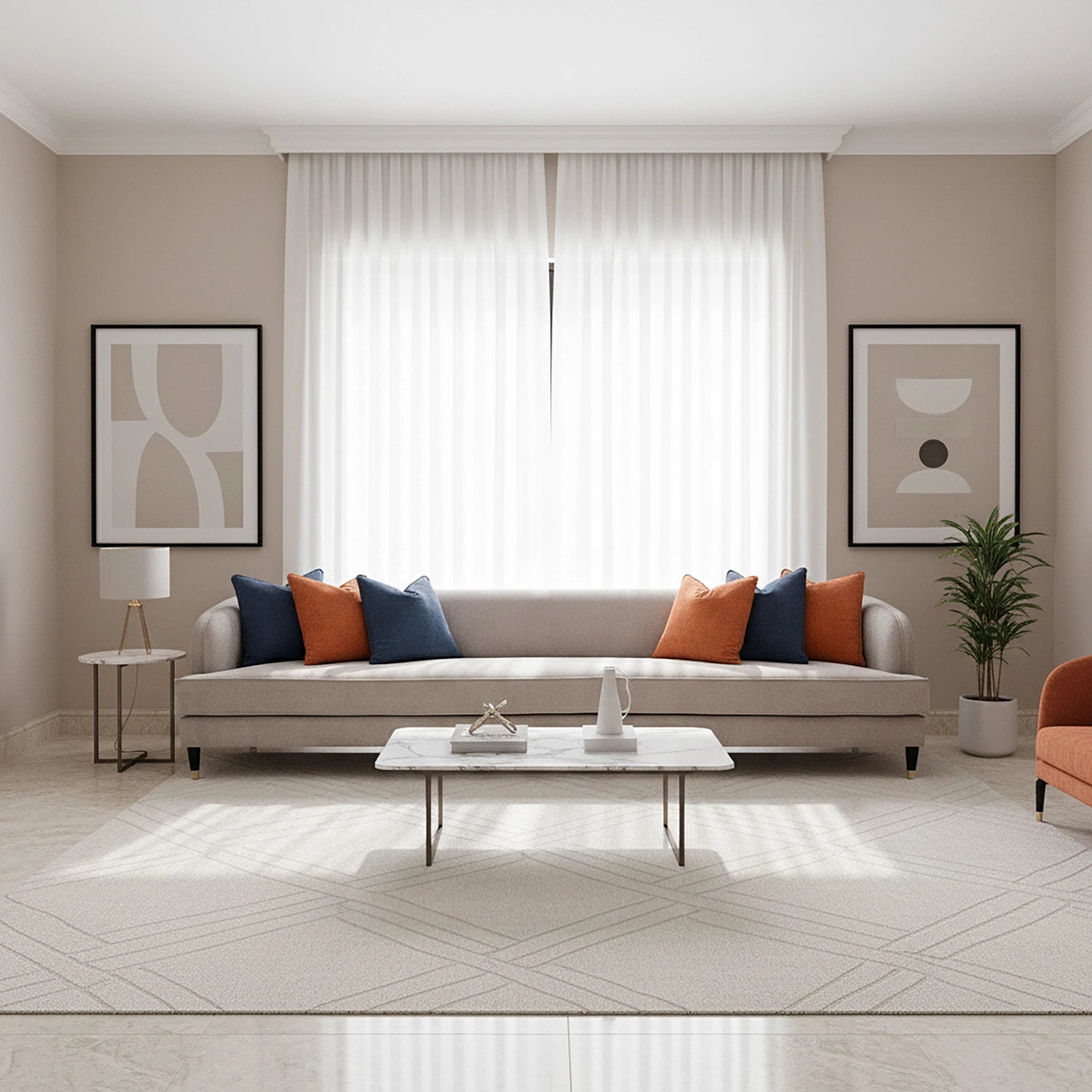 Modern living room with a beige sofa, colorful cushions, and a coffee table.