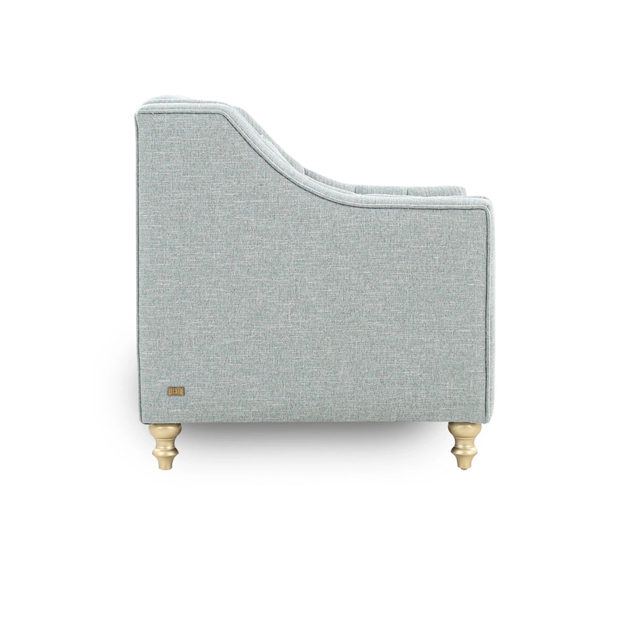Gray upholstered chair with wooden legs on a white background