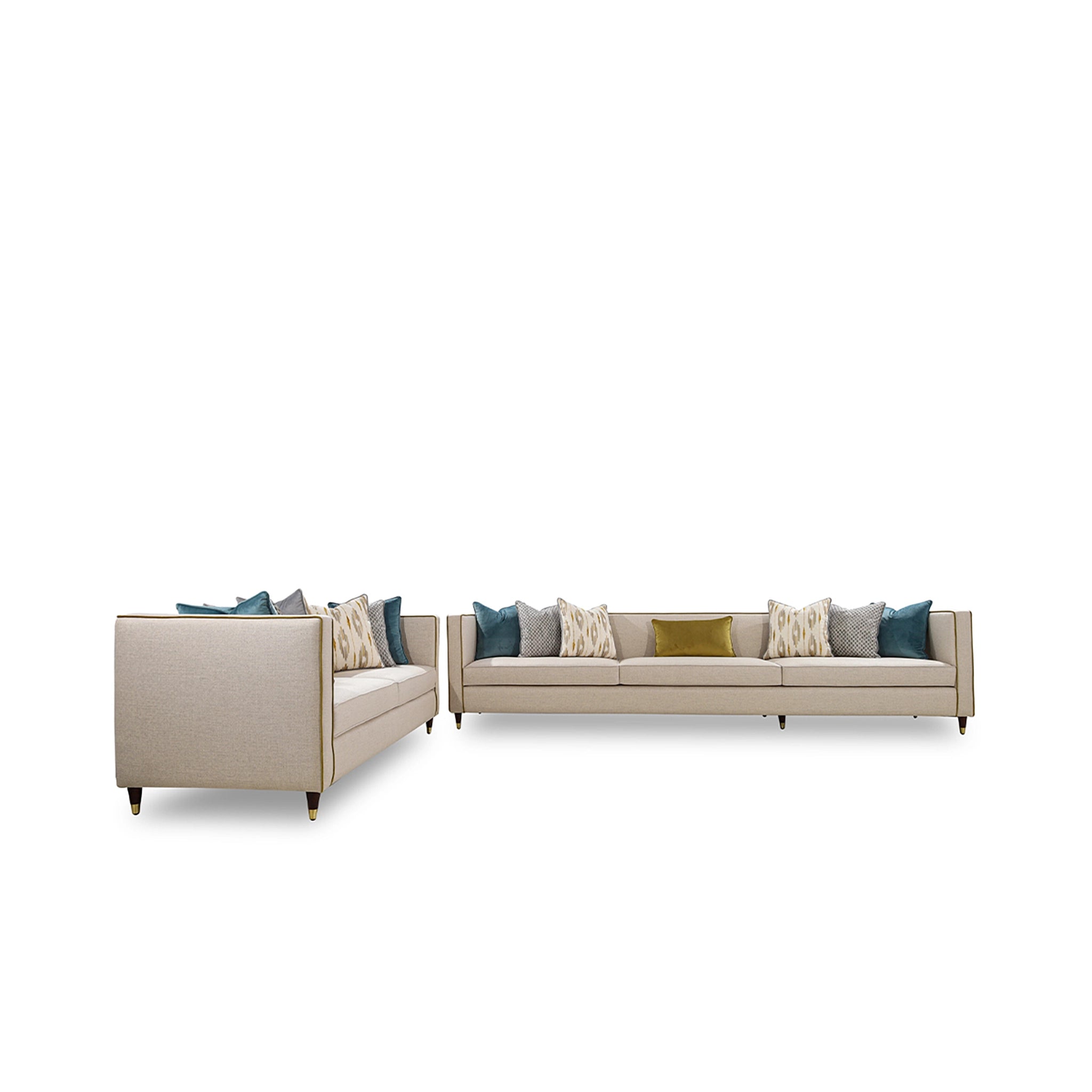 Beige sectional sofa with colorful cushions on a white background