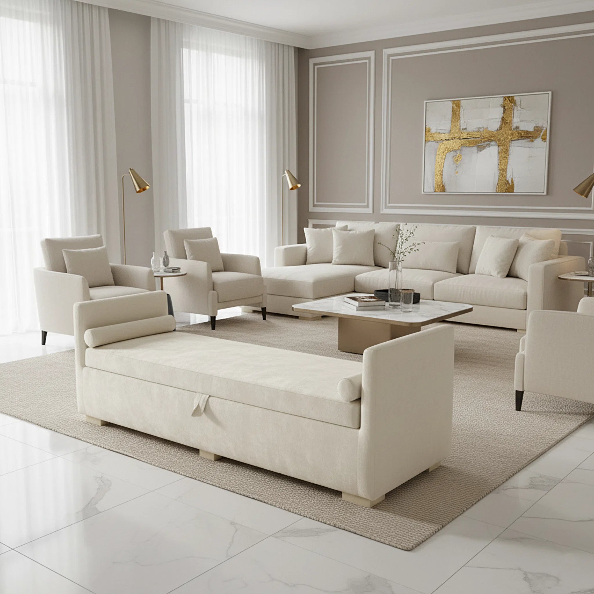 Modern living room with beige sofa, armchairs, and coffee table.