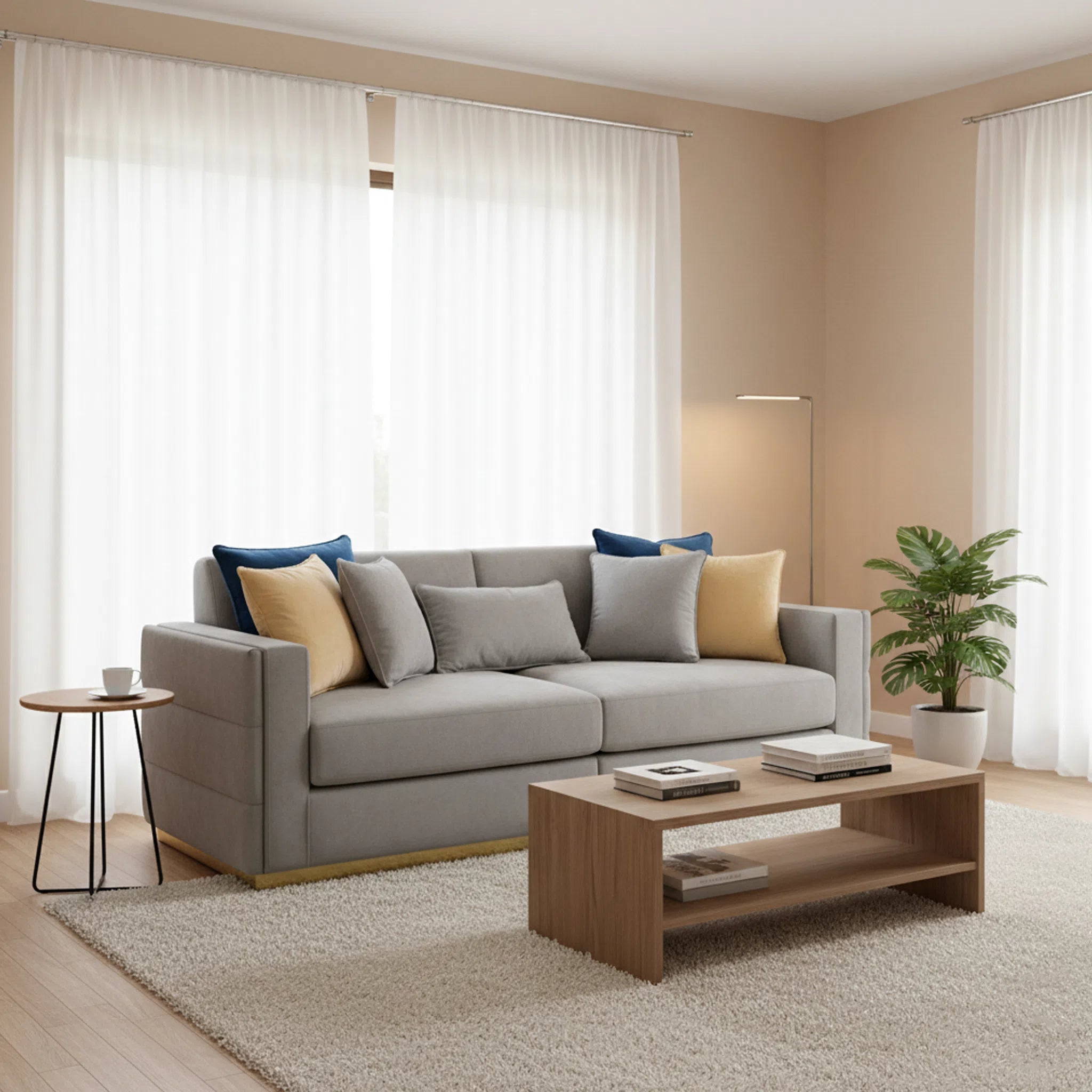 Modern living room with a gray sofa, wooden coffee table, and decorative pillows.
