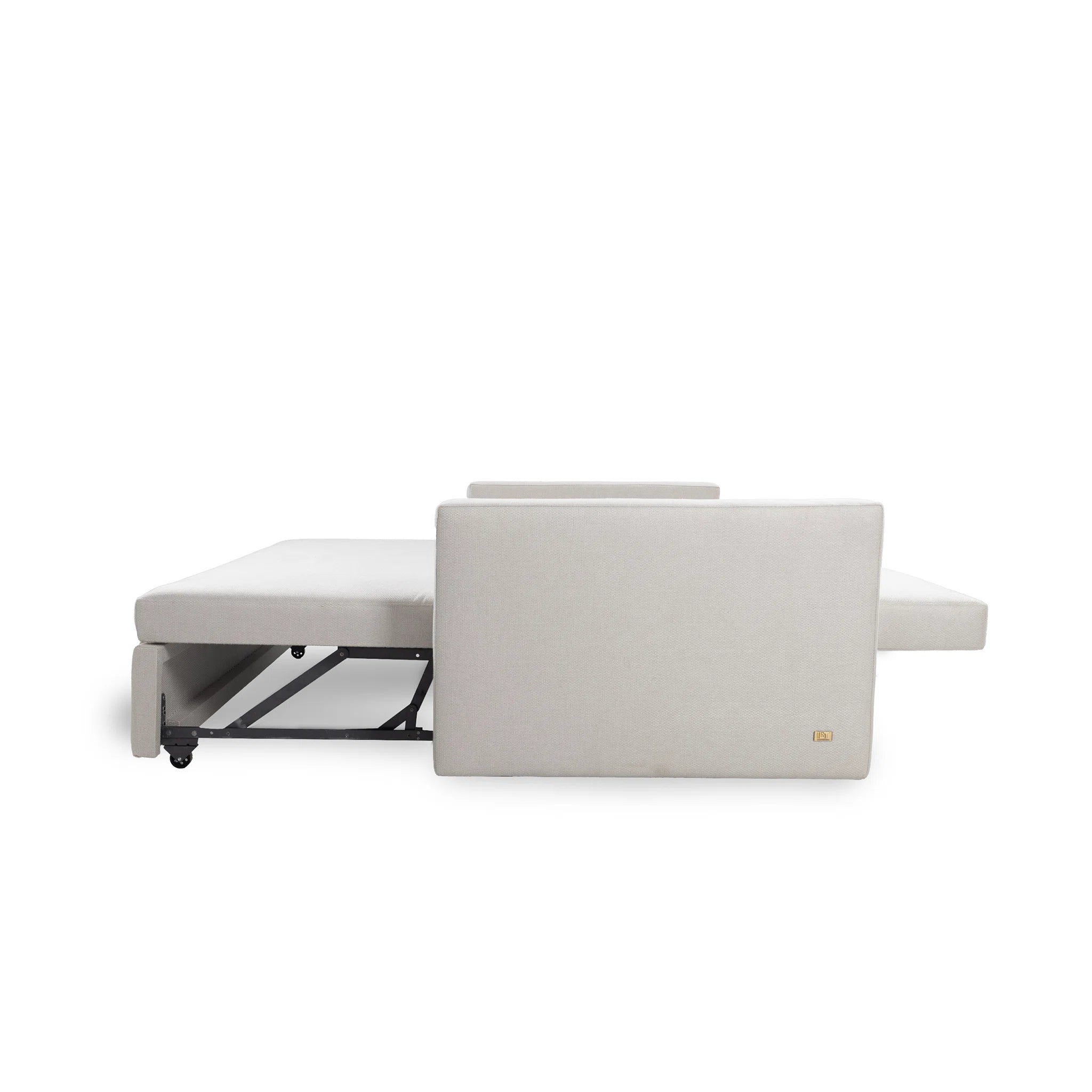 Gray sofa bed with a pull-out mechanism on a white background